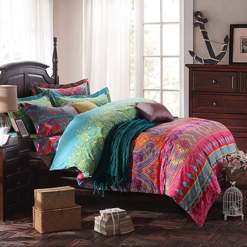 Boho Queen Comforter Set Soft Chic 3 Pieces Bedding Queen Comforter Set Lightweight Exotic Red Teal Bohemian Mandala Colorful Vintage Comforter Bed Set for All Seasons (Queen, Boho)