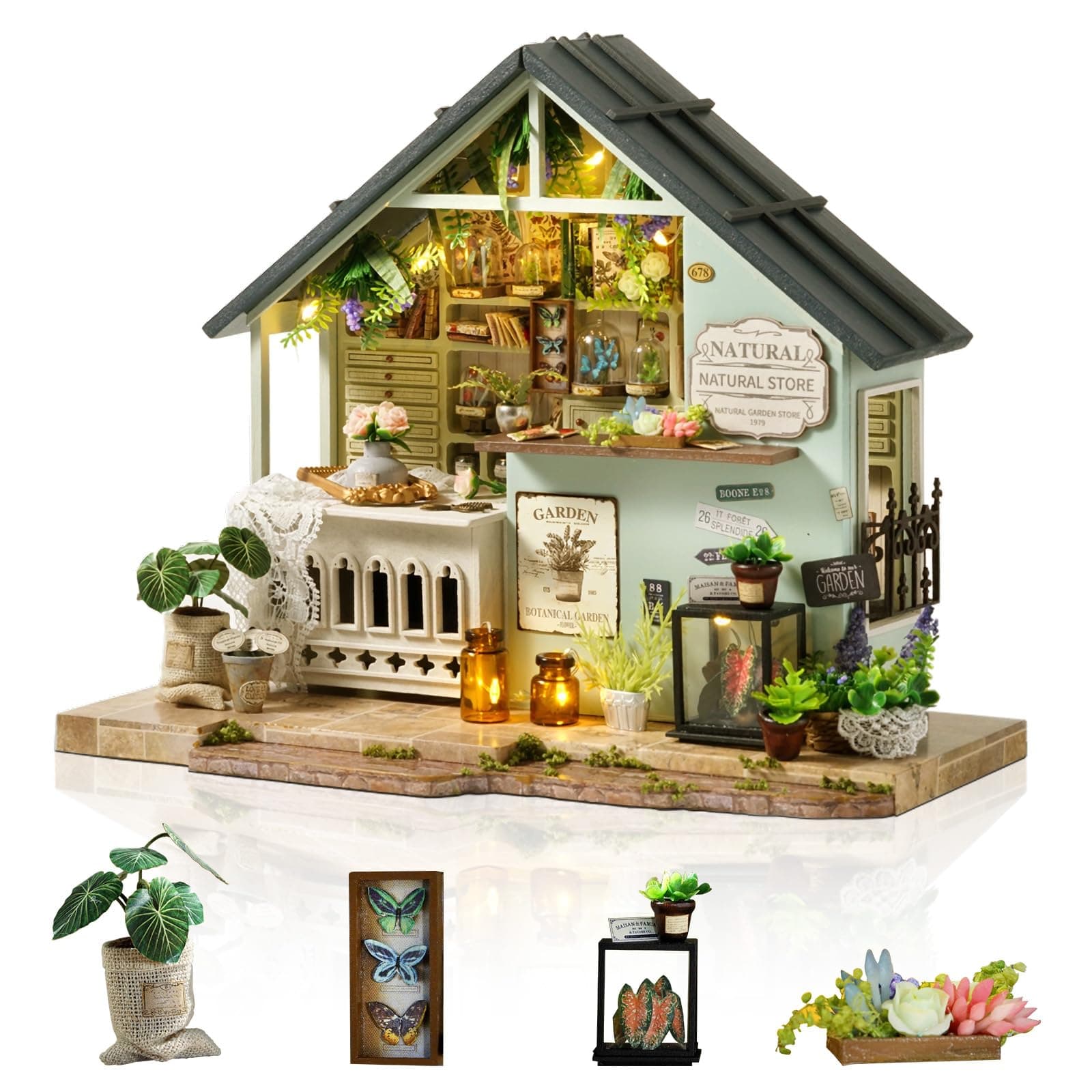 Foyucool Miniature House Kit, Tiny House Kit with LED Light, DIY Mini House Building Kits for Adults to Building, Unique Gift for Birthday Christmas, Bakery Store