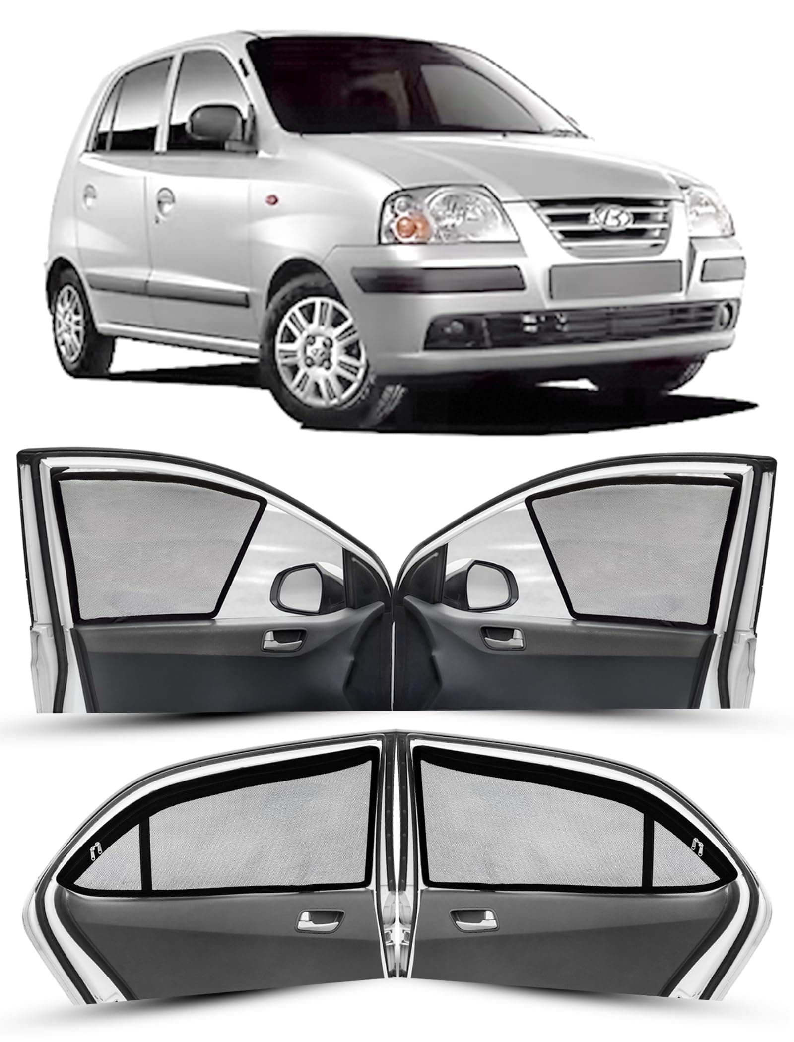 Autofact Magnetic Car Sunshades Compatible with Hyundai Santro Xing (2003 to 2018) (Set of 4) – Easy Installation, UV Protection (Front 2 Half-Cut for Side Mirror Visibility, Rear 2 with Zippers)