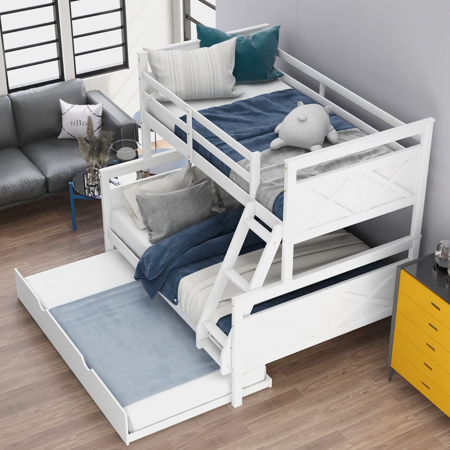 AOCOROE Twin Over Full Bunk Bed with Inclined Ladder, Wood Bunk Bed with Twin Size Trundle and Full-Length Guardrails, Convertible to 2 Separated Beds, Bunk Bed for Boys, Girls and Teens, White