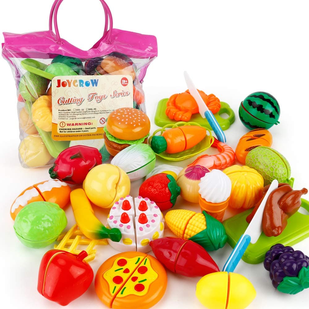 JoyGrow 32PCS Cutting Toys Pretend Food Fruits Vegetable Playset Educational Learning Toy Kitchen Play Boy Girl Kid with Handbag Packing