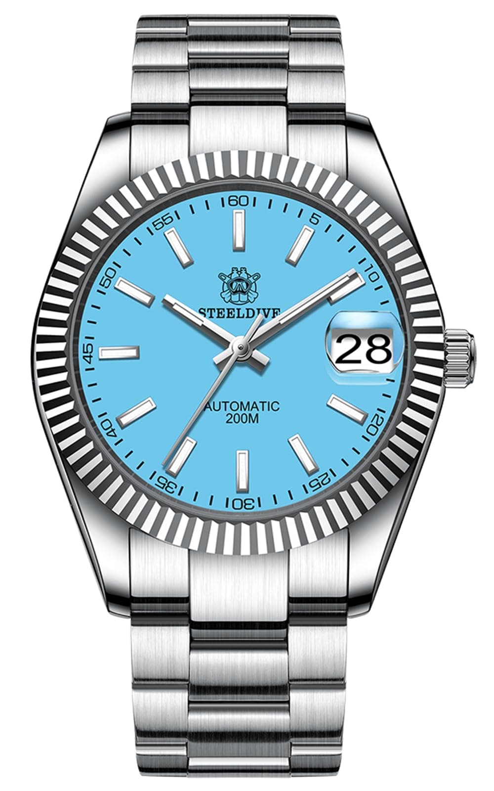 Steeldive SD1933, Datejust, Fluted Bezel, Light Blue, NH35, Sapphire,Lume, 200m Diver, Diving, BNIB