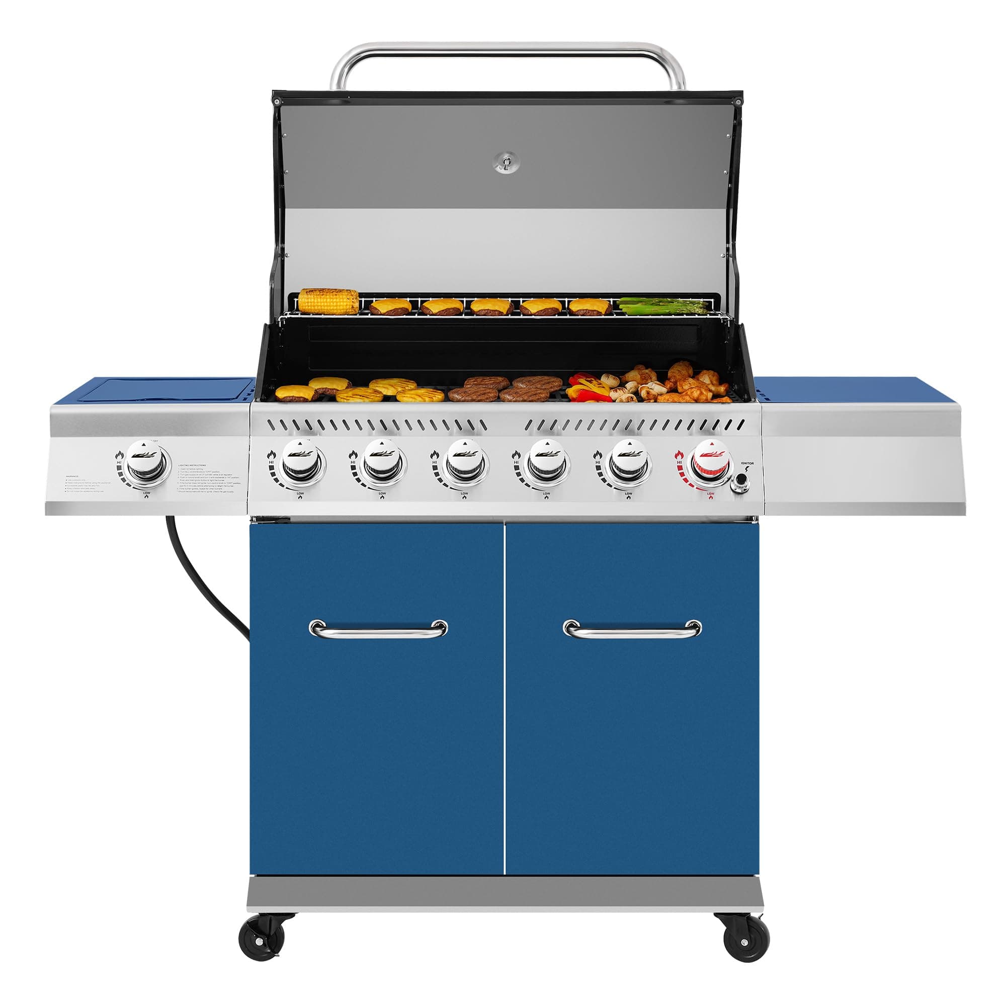 Royal Gourmet GA6402B 6 Burner Propane Gas Grill with Side Burner and Warming Rack, 74,000 BTUs, Cabinet Style Gas BBQ Grill for Barbecue Grilling & Backyard Cooking, Blue