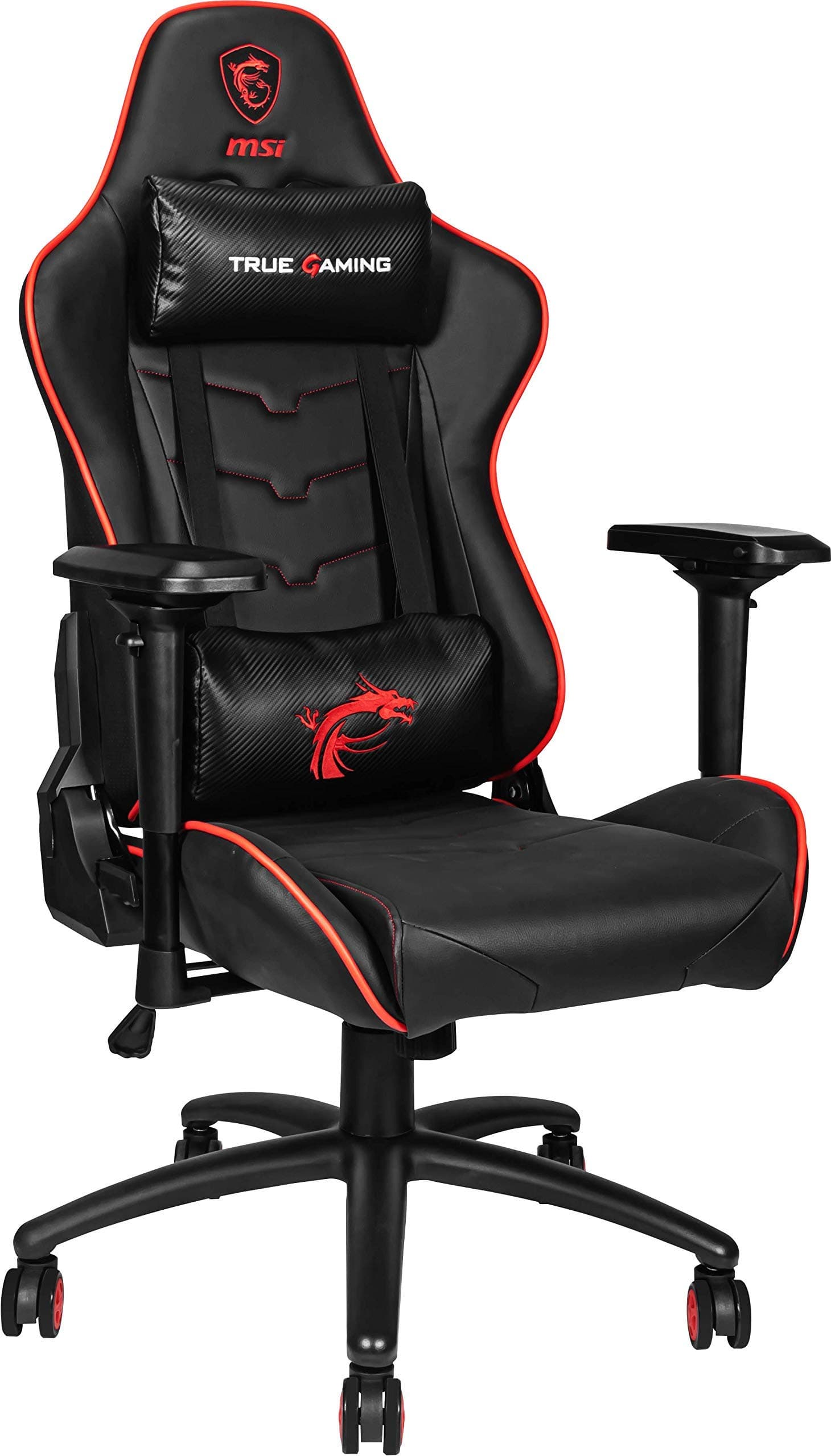 MSI MAG CH120X Gaming Chair (Black and Red leather, Steel frame, Reclinable backrest, Adjustable 4D Armrests, foam, 4D Armrests, Ergonomic headrest pillow, Lumbar support cushion)