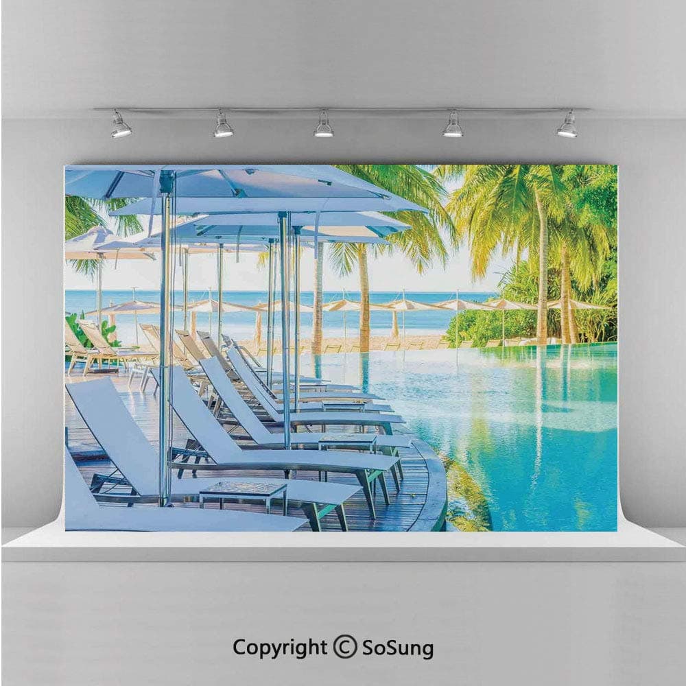 20x10Ft Vinyl House Decor Backdrop for Photography,Luxury Hotel Pool Near Beach Palm Trees Exotic Resort Umbrella Sunbed Chair Background Newborn Baby Photoshoot Portrait Studio Props Birthday Party B