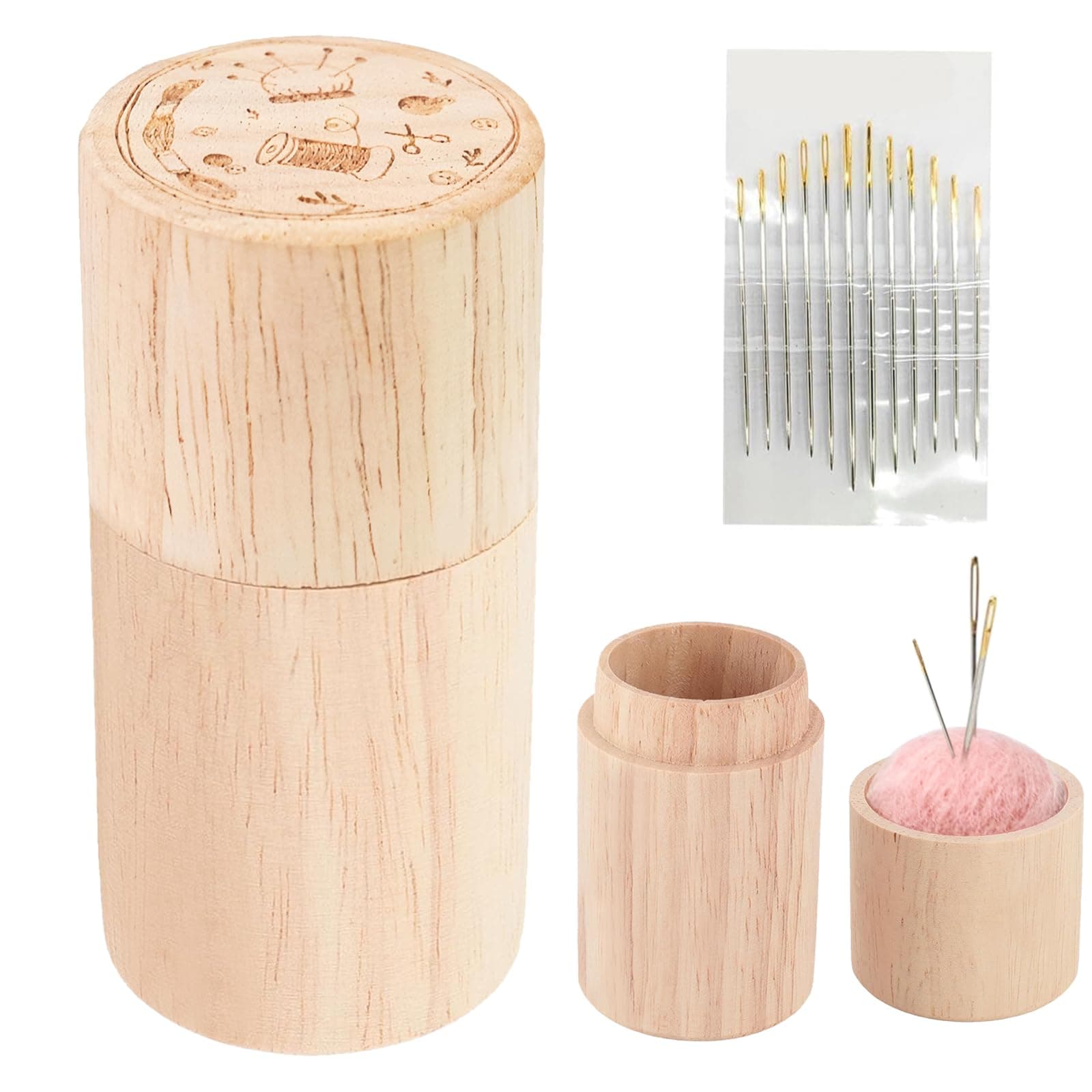 Pin Cushion - Wooden Sewing Needle Holder Pincushion- Portable Pin Holder with 12 Embroidery Needles - for Stitching, Hand Crafts, Knitting, Women Girls