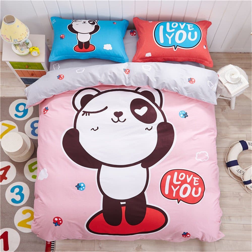FaloUM Home Bedsheet Sets 4pc,100% Cotton Panda Kids Bedding Sets,Queen Twin Size Cartoon Kids Panda Bedlinen No Comforter,Queen Size 4Pc