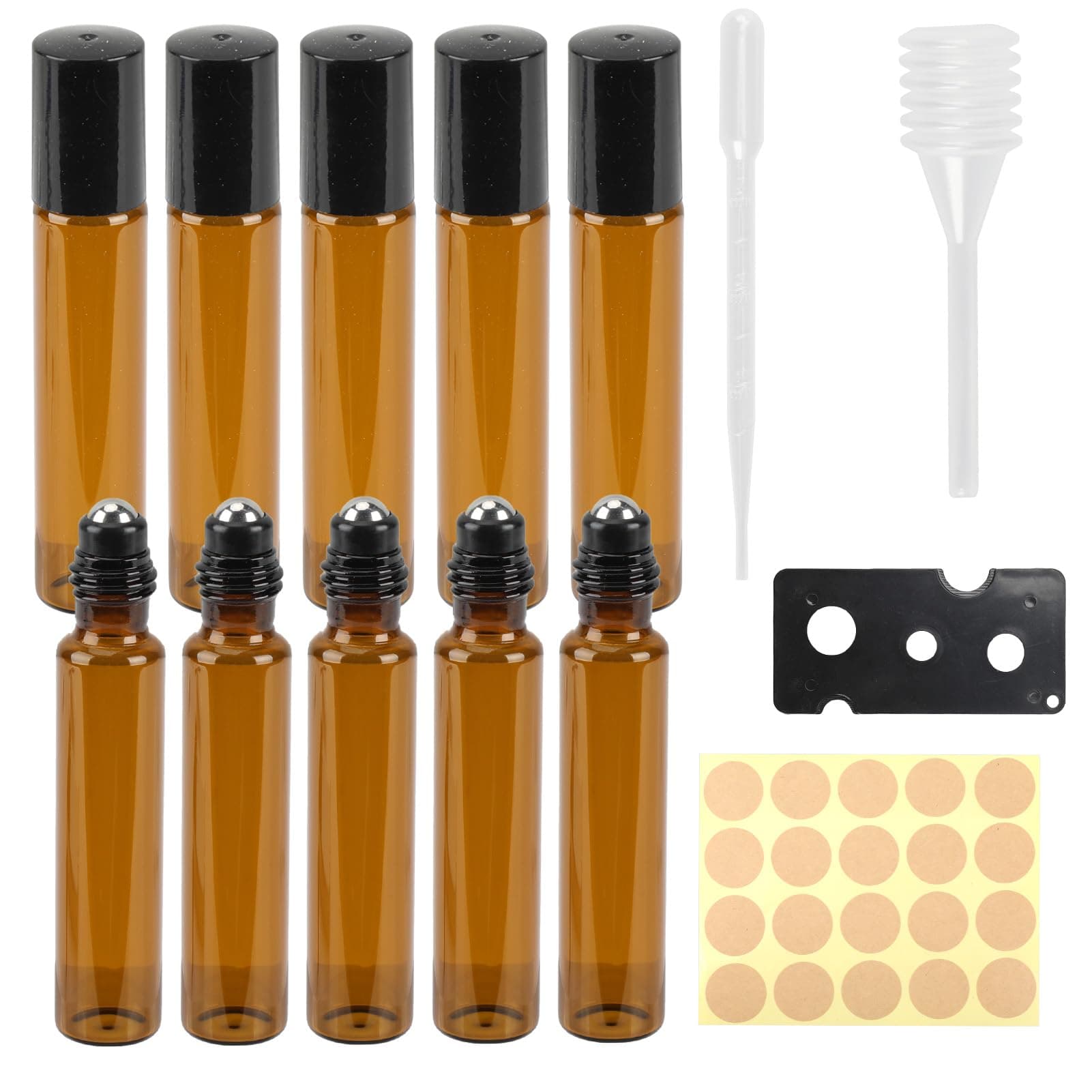 10pcs Essential Oils Roller Bottles,10ml Amber Glass with Stainless Steel Bal,Aromatherapy Roll-On for Essential Oils,Includes Opener,Dropper, Pipette,and Labels,Ideal for Personal Care & Daily use