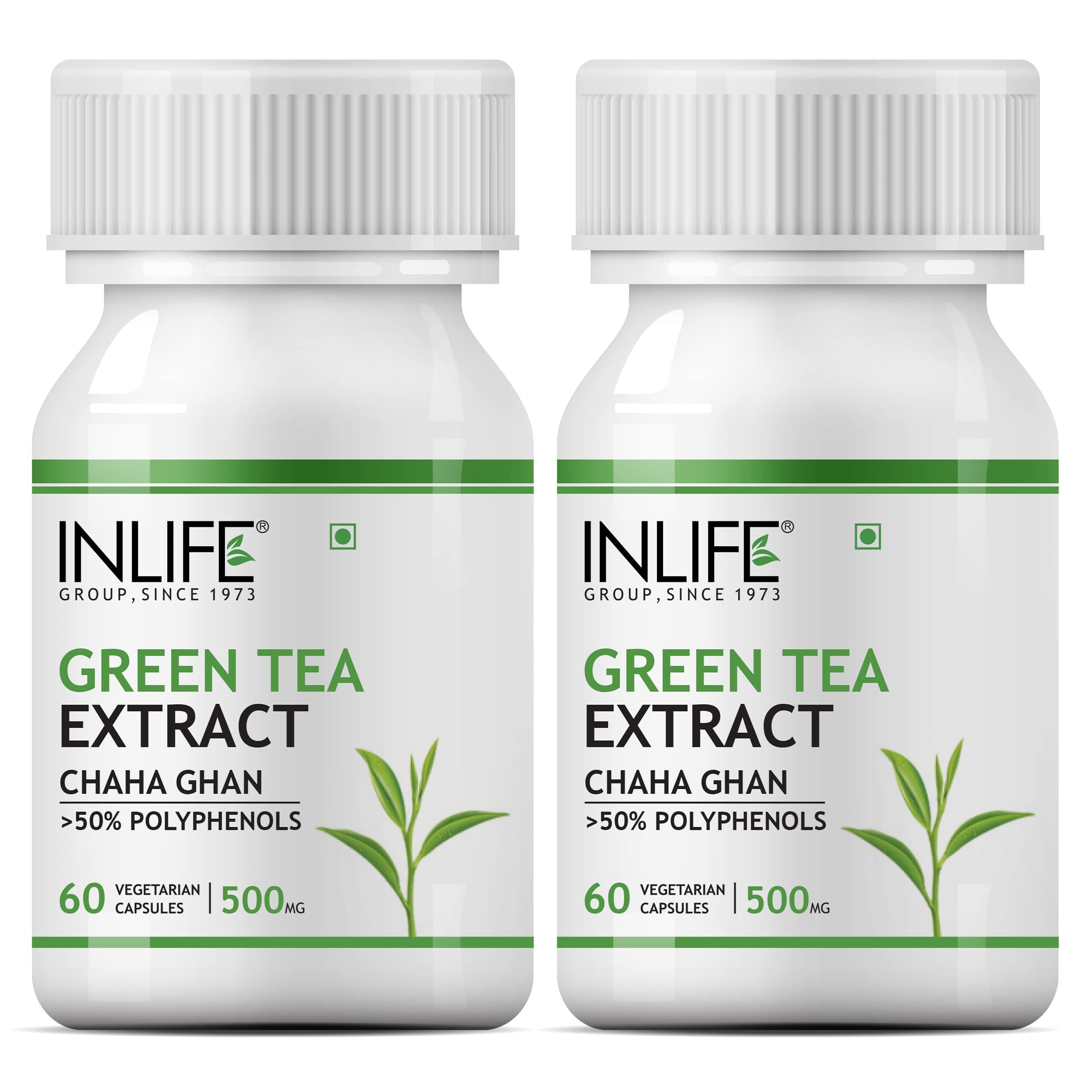 INLIFE Green Tea Extract Capsules | Standardised to > 50% Polyphenols | Antioxidant | Herbal Supplement for Men Women, 500 mg - 60 Vegetarian Capsules (Pack of 2)