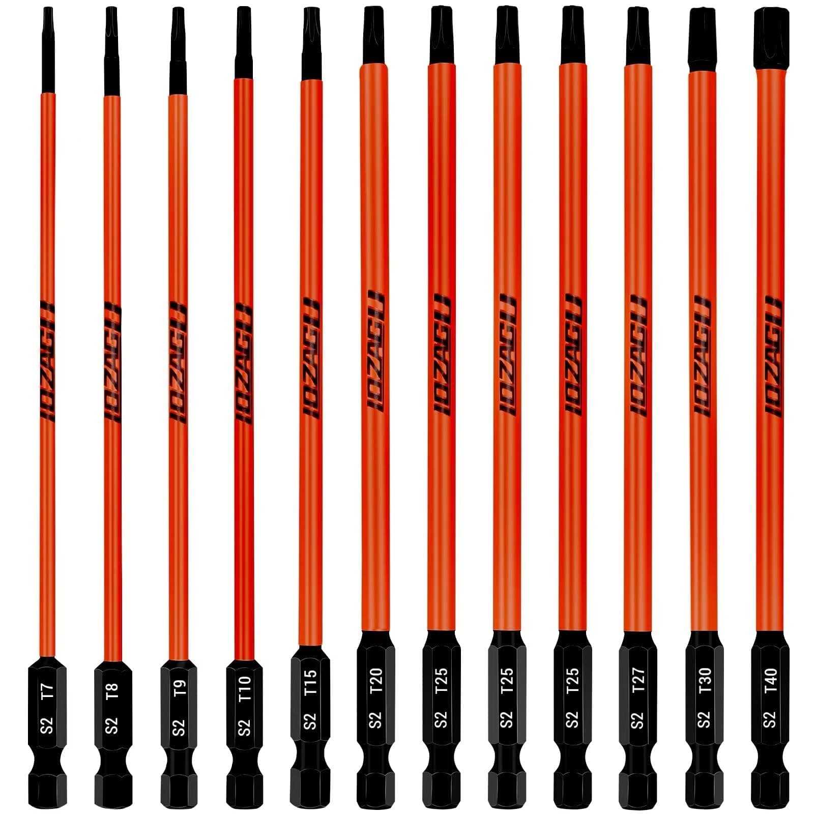 12Pcs Long Torx Bit Set 6-Inch (152mm), T7 to T40, Magnetic Security Tamper Proof Star Bit Set,1/4 Inch Hex Shank | S2 Steel