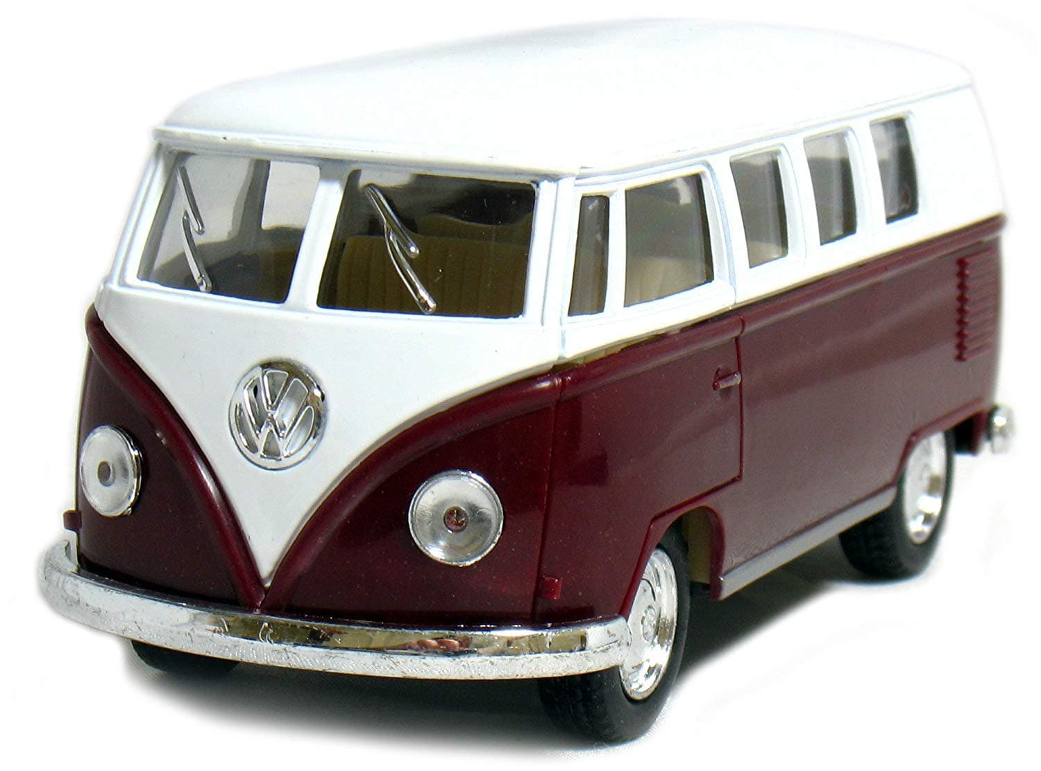 Kinsmart 5" Die-cast 1962 VW Classic Bus 1/32 Scale (Maroon), Pull Back n Go Action.