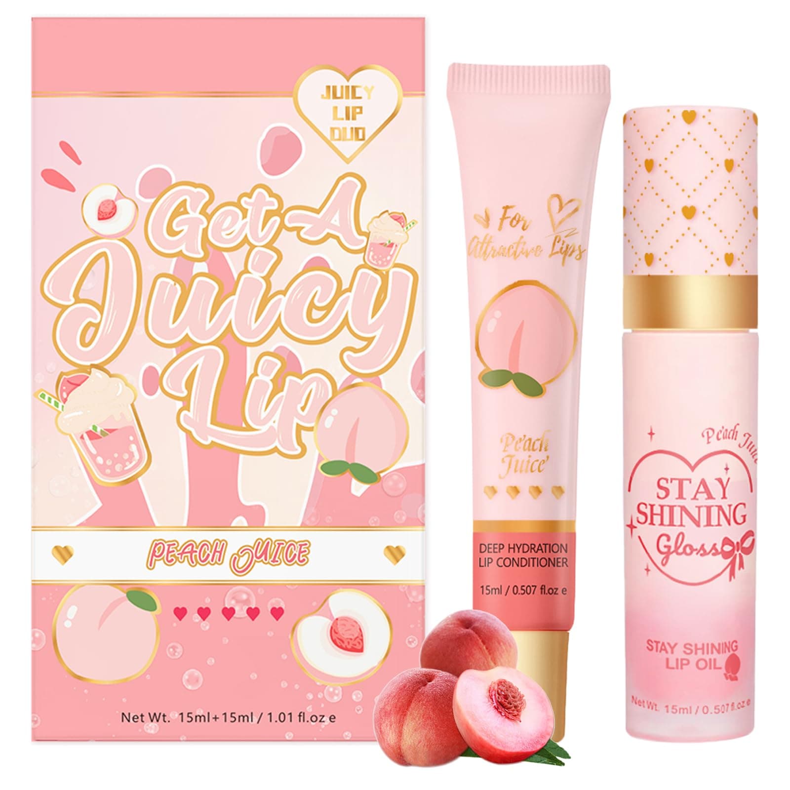 Lip Conditioner & Lip Oil Set, Hydrating and Nourishing Treatment, Lipstick for Lip Plumper Gloss And Makeup, Lip Gloss Balm For Dry and Chapped Lips, Gifts For Teenage Girls (Peach)