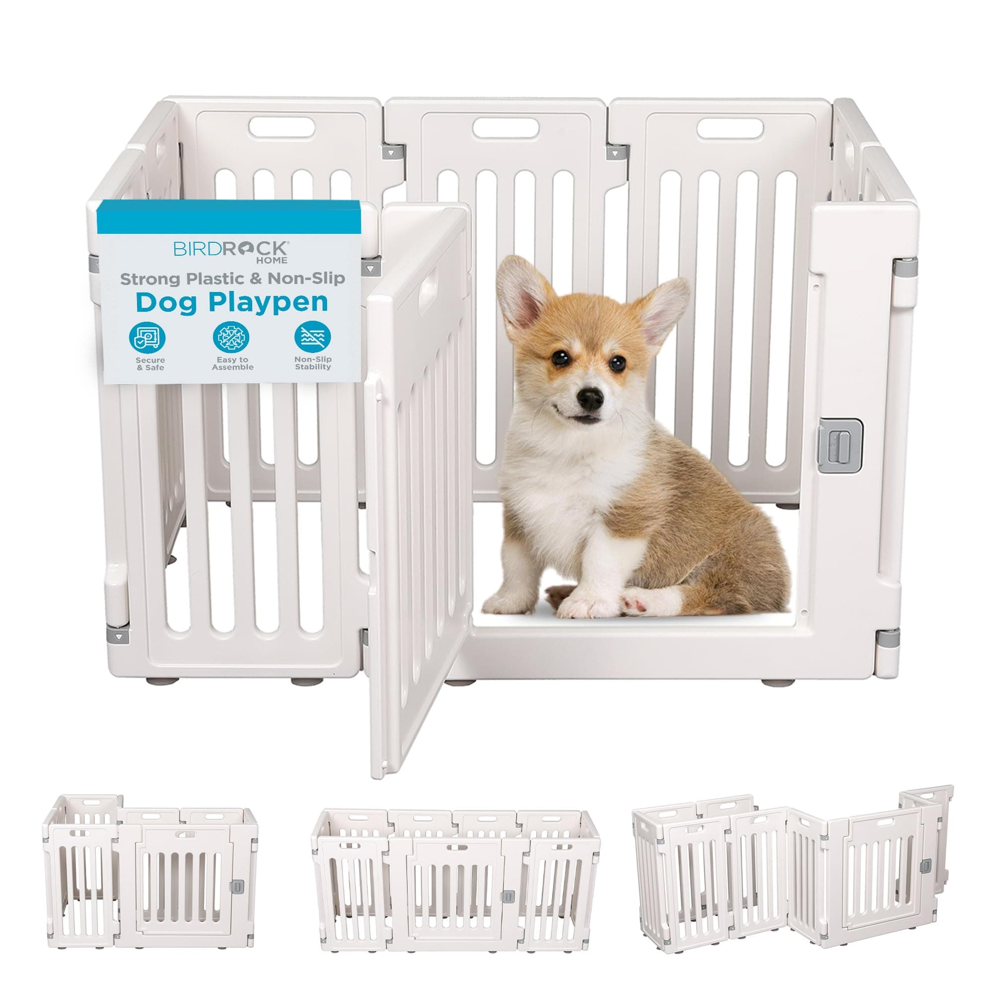 BIRDROCK HOME Dog Playpen w/Door, 8 Panel, 25.6in H | Strong Plastic, Non-Slip Puppy Playpen, Secure Pet Gate | Indoor Outdoor Fence | Configurable Panels | Small Pets - White