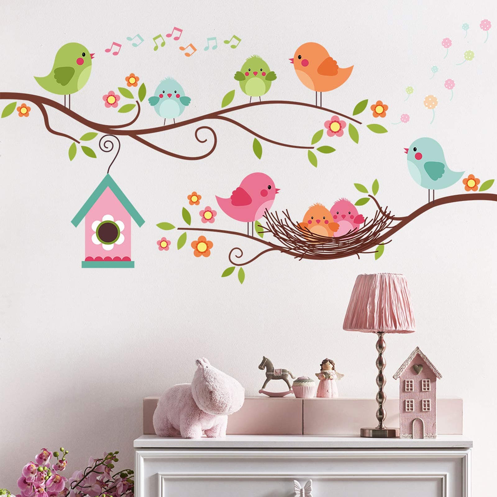 DILIBRA Robin Bird and Tree Branch Wall Stickers, Colorful Cute Cartoon Lovely Birds Singing On The Branch with Flowers Wall Decal, Removable DIY Mural Decorations for Living Room Bedroom Baby Room