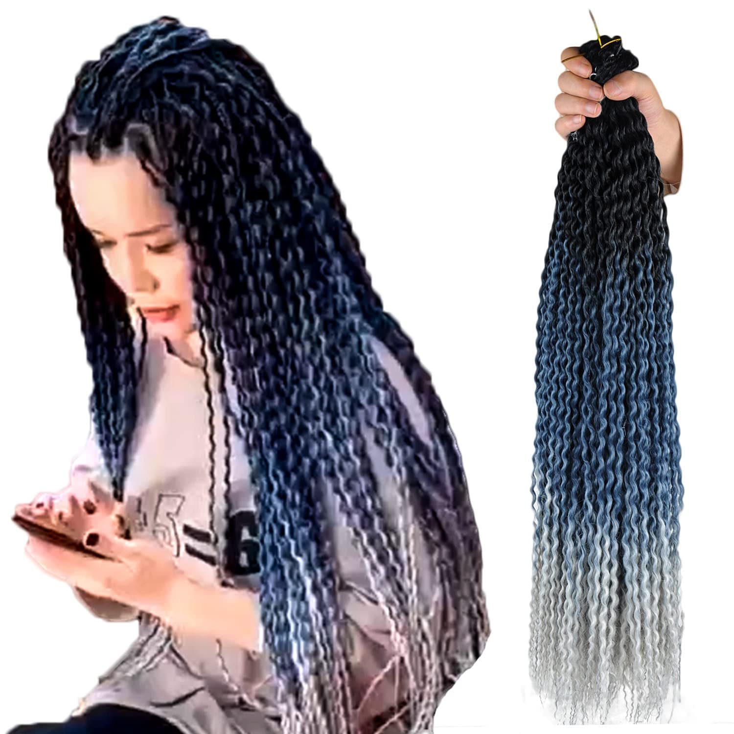 Mayloss Mrscx Curl Box Braids Crochet Hair for Black Women 24 Inch Ombre Curly Twist Braiding Hair Extensions Black/Blue/Grey Color 6 Packs 550g