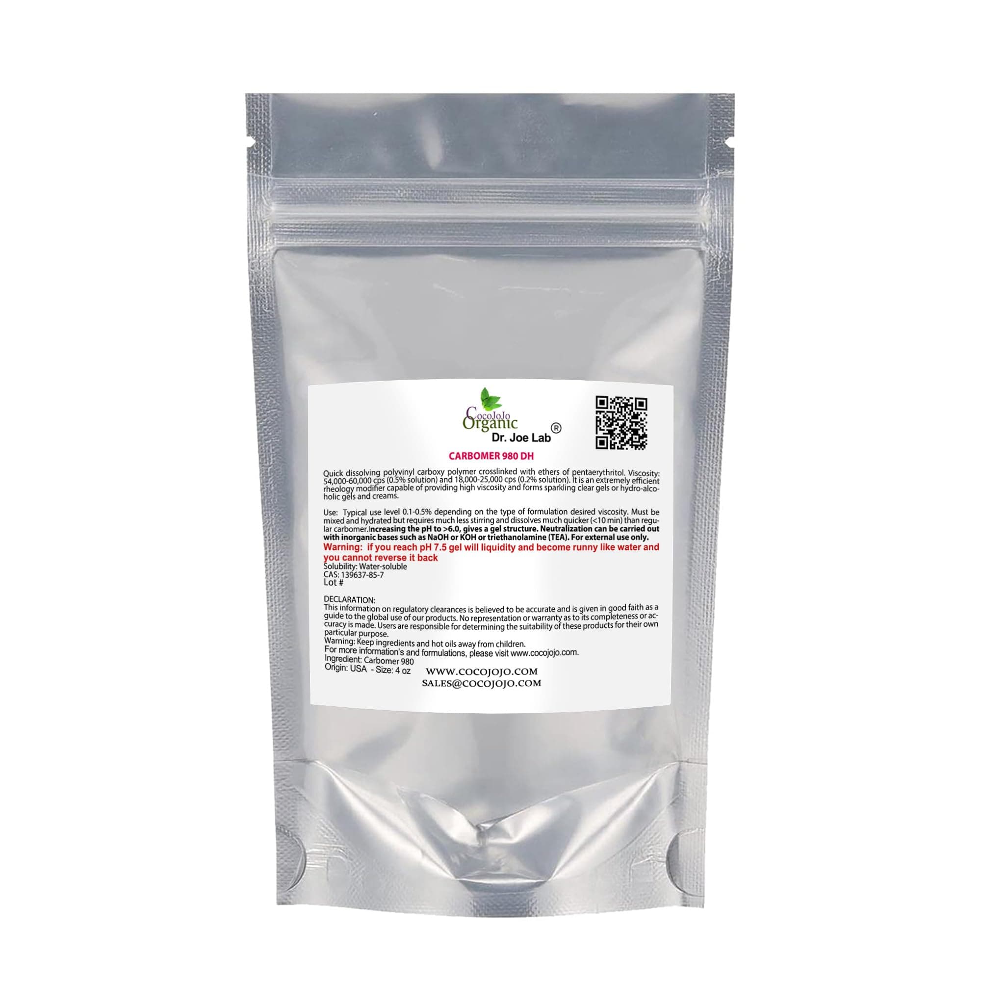 Carbomer 980 / Carbopol 4 oz - 120 gr Cosmetic Ingredient - All Purpose Thickening Agent Cosmetic Formulation Gel Cream Lotion DIY Cosmetics Carbopol Emulsify Packaging May Vary