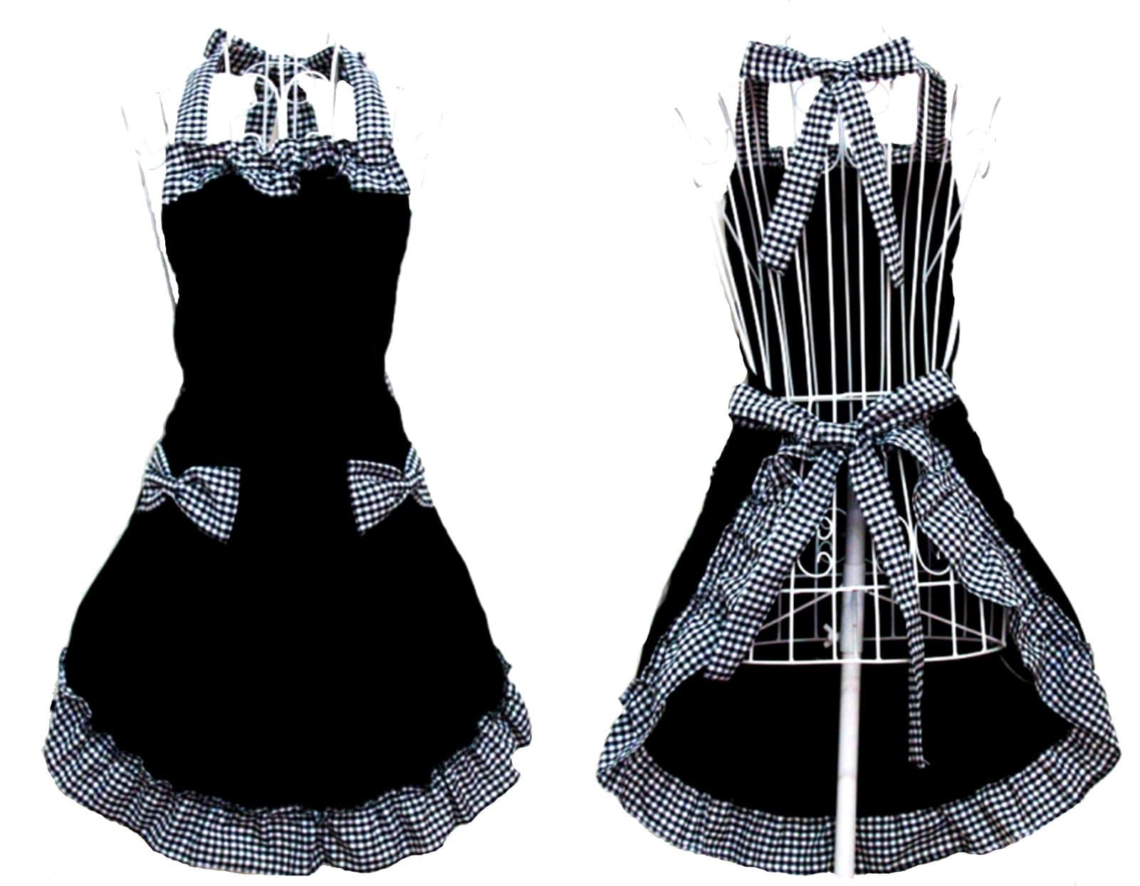 Hyzrz Cute Ladies Girls Retro Apron Dress Kitchen Cooking Vintage Aprons for Women with Pockets (Black)