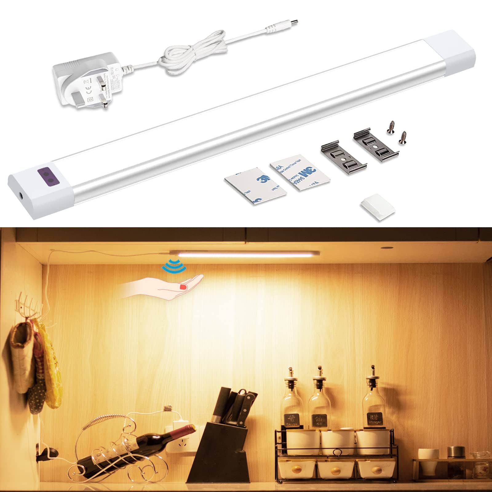 Under Cabinet Lighting,Hand Wave Sensing,Plug in LED Light Bar,30cm Super Bright Cabinet Lights Kit for Kitchen,Counter,Shelf,Desk,Workbench,2700K Warm White,1 Panel,5W,12V Adapter,280lumen