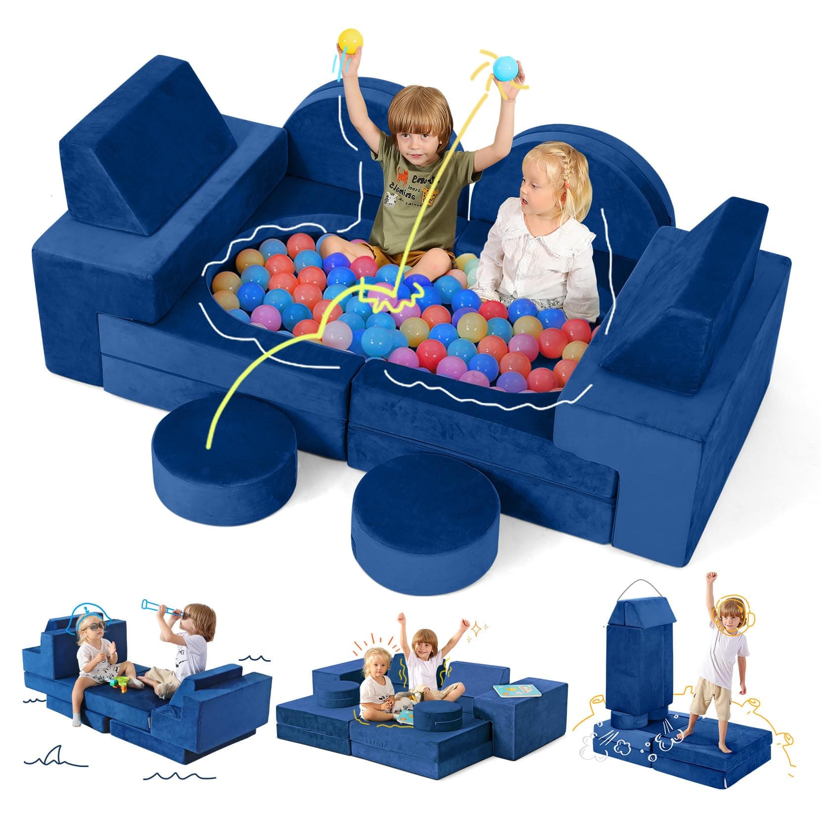 Kidirect Modular Kids Play Couch, K12 320+DIY Convertible Foam Couch for Boys & Girls, Versatile Foam Fort Building Set, Child Sectional Kids Sofa for Playroom Bedroom(Ocean Blue)