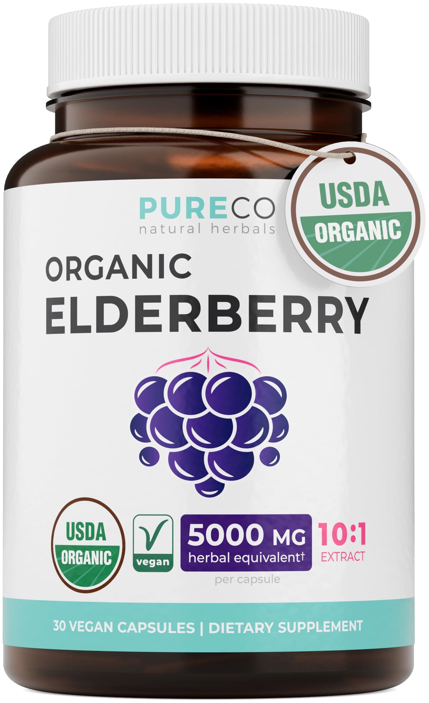 Organic Elderberry Capsules - 10:1 Extract Equals 5,000mg of Fresh Elderberries (Vegan) for Immune Support, Allergy, Sinus Relief - Sambucus Nigra - Black Elderberry - 30 Caps (No Pills or Gummies)