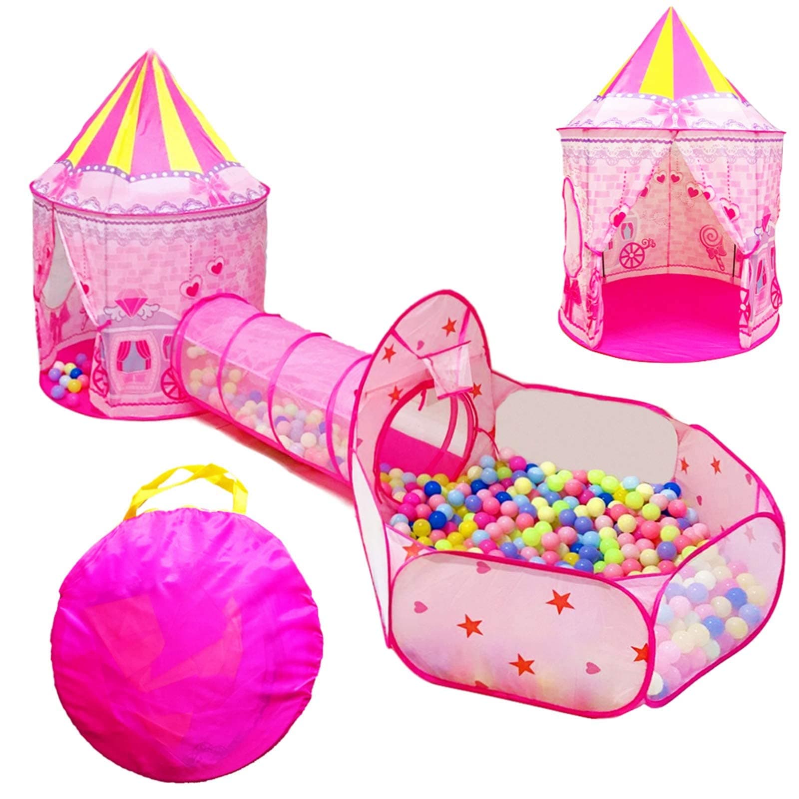 3pc Princess Fairy Tale Kids Play Tent, Oval Crawl Tunnel, Ball Pit for Toddlers, Indoor Outdoor Playhouse Castle Toys, Baby Boys Girls for 3 4 5 6 7 Years Old (Balls Not Included)