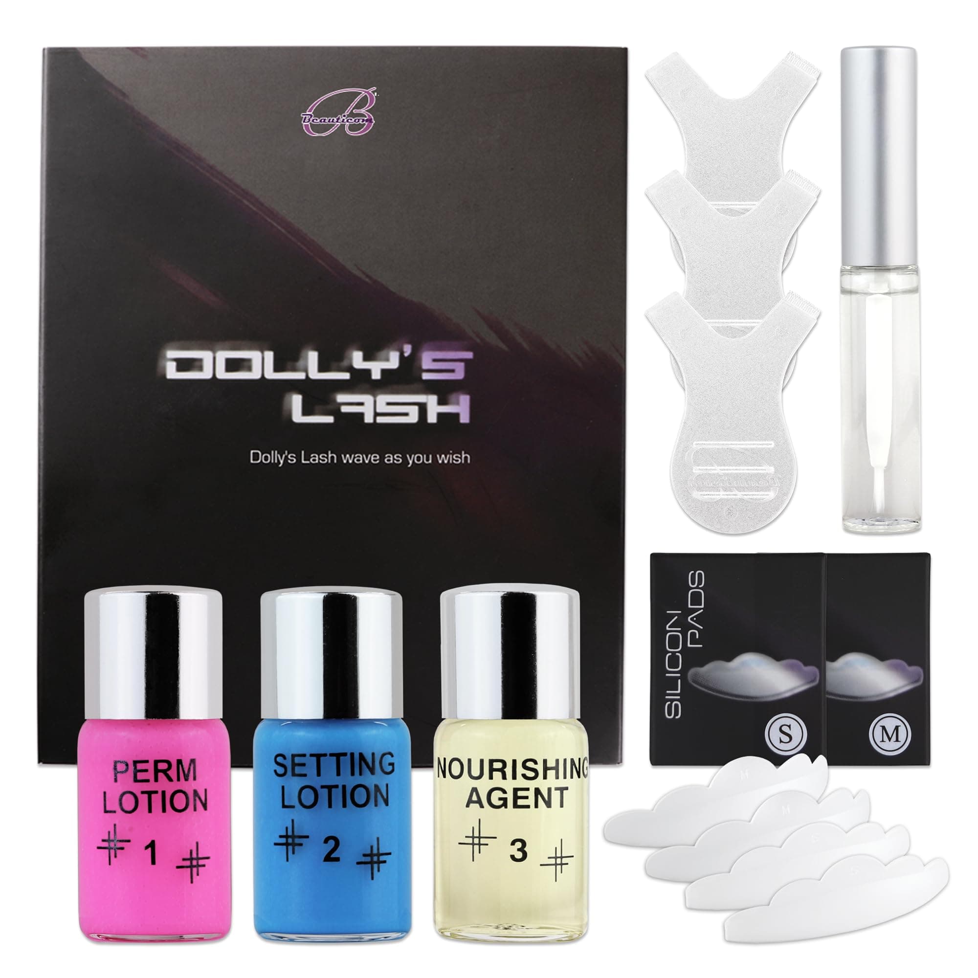 Beauticom Dolly's Lash Lift Eyelash Wave Lotion Premium Quality Perm Kit - Professional Curling, Perming, Lifting etc. (Small and Medium Pads)