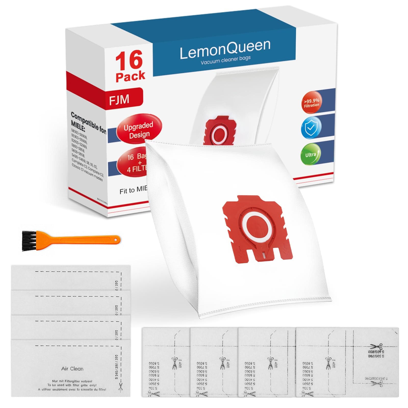 Upgraded 3D Airclean FJM Bags for Miele FJM Vacuum Compact C2 Compact C1 Complete C1 S241 S290 S300i S500 S700 S4 S6 Series, 16 Pack FJM Bags with 4 Motor Protection Filters and 4 AirClean Filters