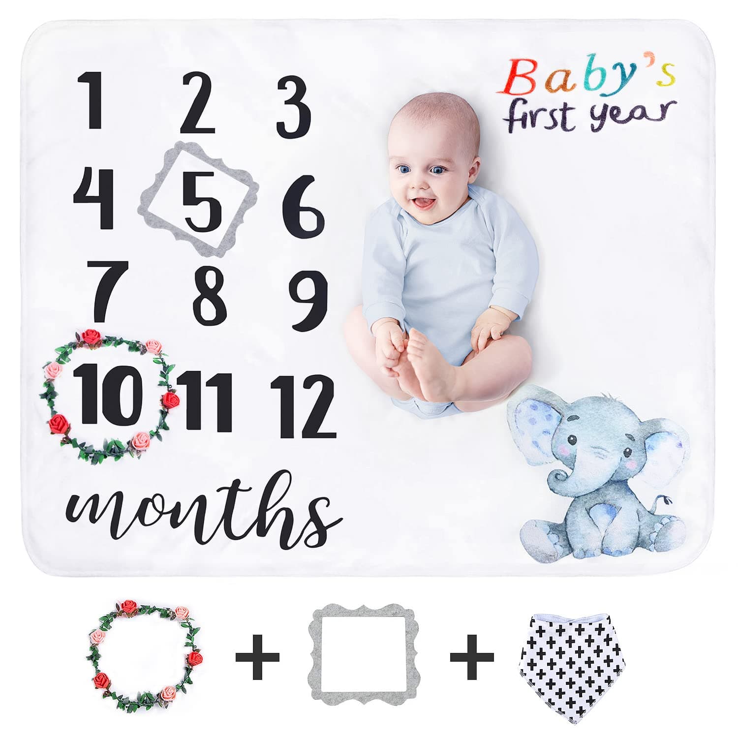 sunvitoBaby Monthly Milestone Blanket Set Cute Newborn Boy Girl Photo Background with Soft Skin-Friendly Flannel Baby Age Personalized Growth Month Elephant Chart Blankets Large - 47 x 40 Inches