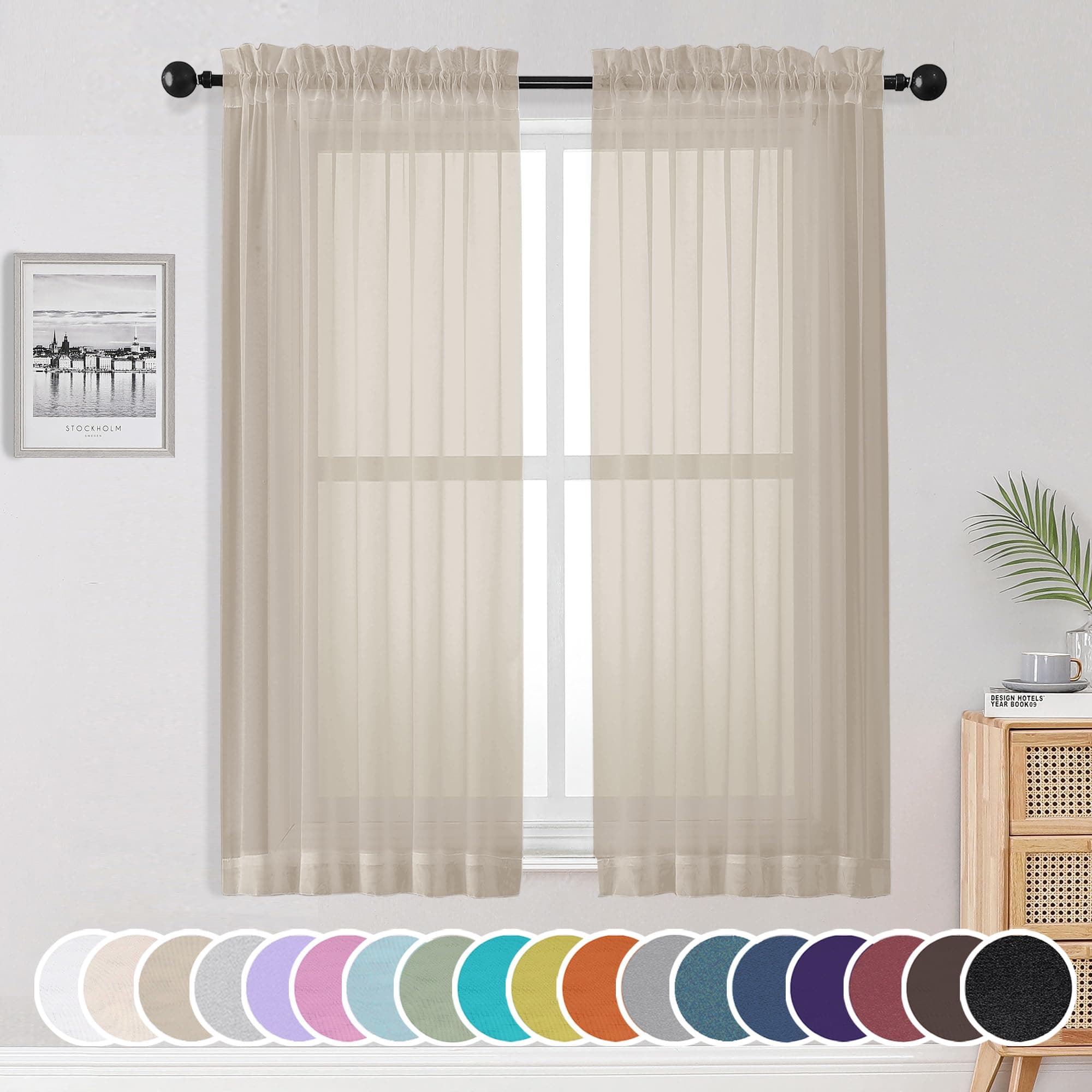 OWENIE Sheer Curtains 63 inch Length 2 Panels Set, Light Weight Soft Solid Light Filtering Fimly Sheer Curtains for Bedroom/Living Room/Dining Room/Nursery, Rod Pocket Window Treatments, 42Wx63L inch