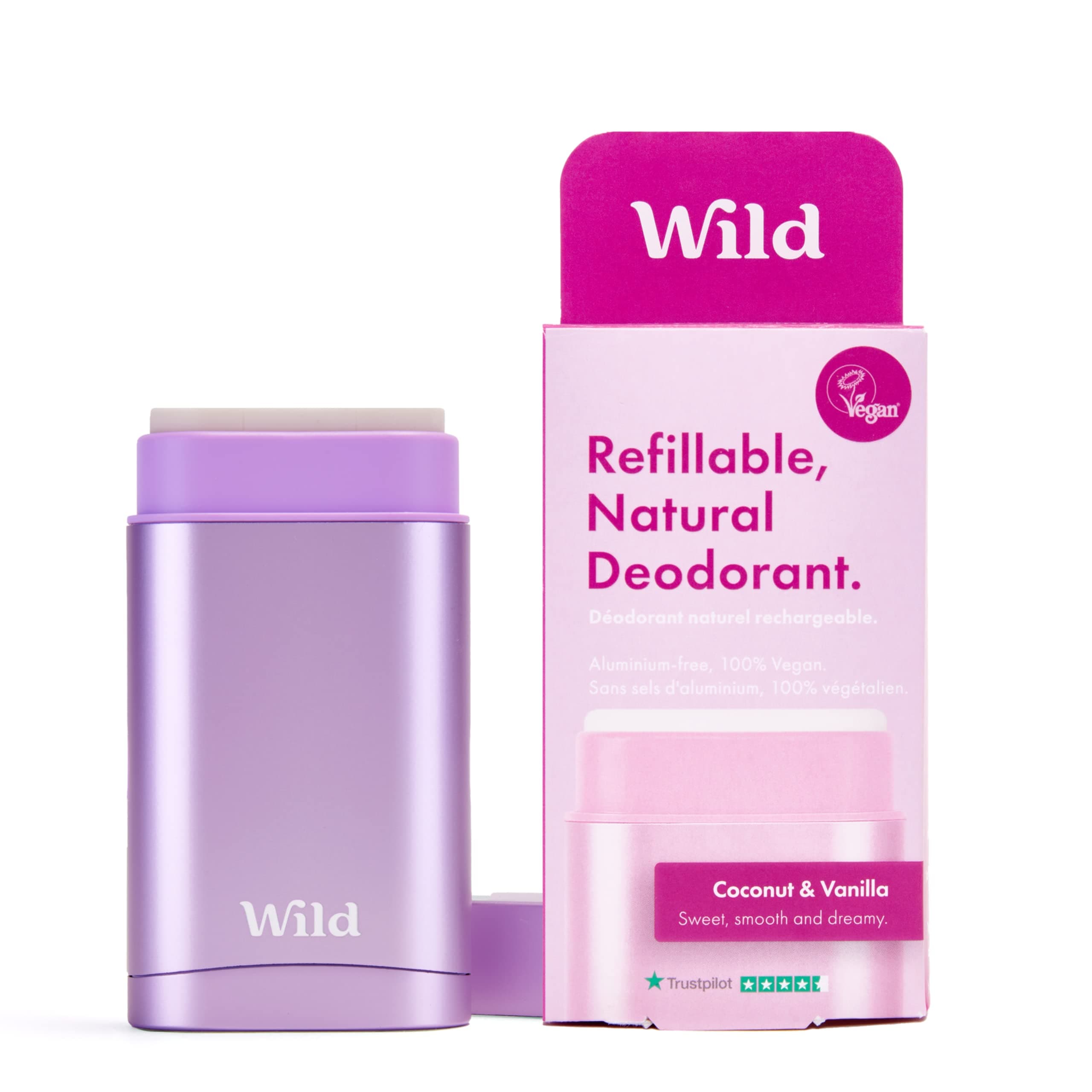 Natural Refillable Deodorant - Vegan & Eco-Friendly - Aluminium Free - Long Lasting Protection - Natural Ingredients - Starter Kit - Purple Case Coconut & Vanilla Refill - 40g