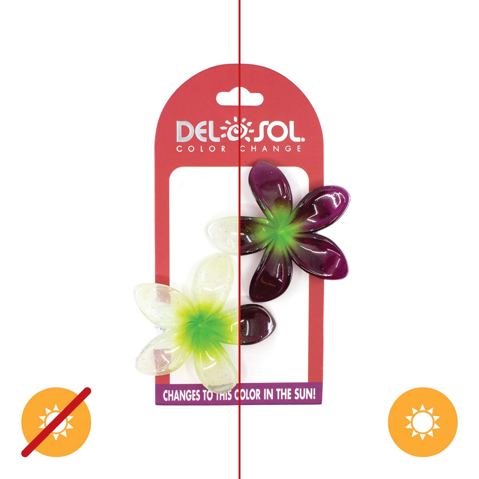Del Sol Color-Changing Hair Clips - Color Splash Plumeria Flower Pack - Changes from Clear and Green to in the Sun - Stylish Hair Clip for Every Outfit - 2 Piece, 2.5" Diameter, Green and Fuchsia