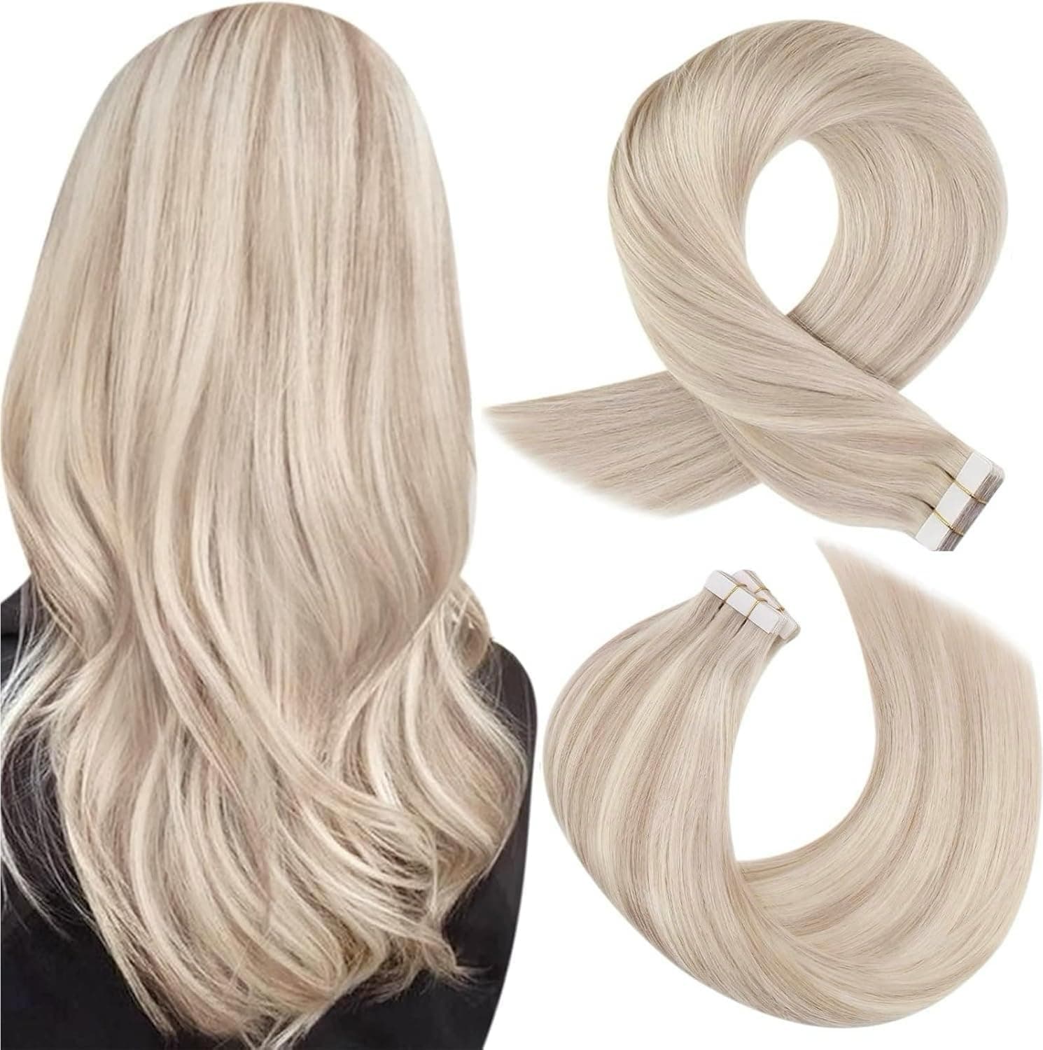 Moresoo Tape in Hair Extensions Human Hair Ash Blonde with Bleache Blonde Tape Hair Extensions Blonde Real Human Hair Extensions Tape-ins 12 Inch 20 Pieces/30g #P18/613