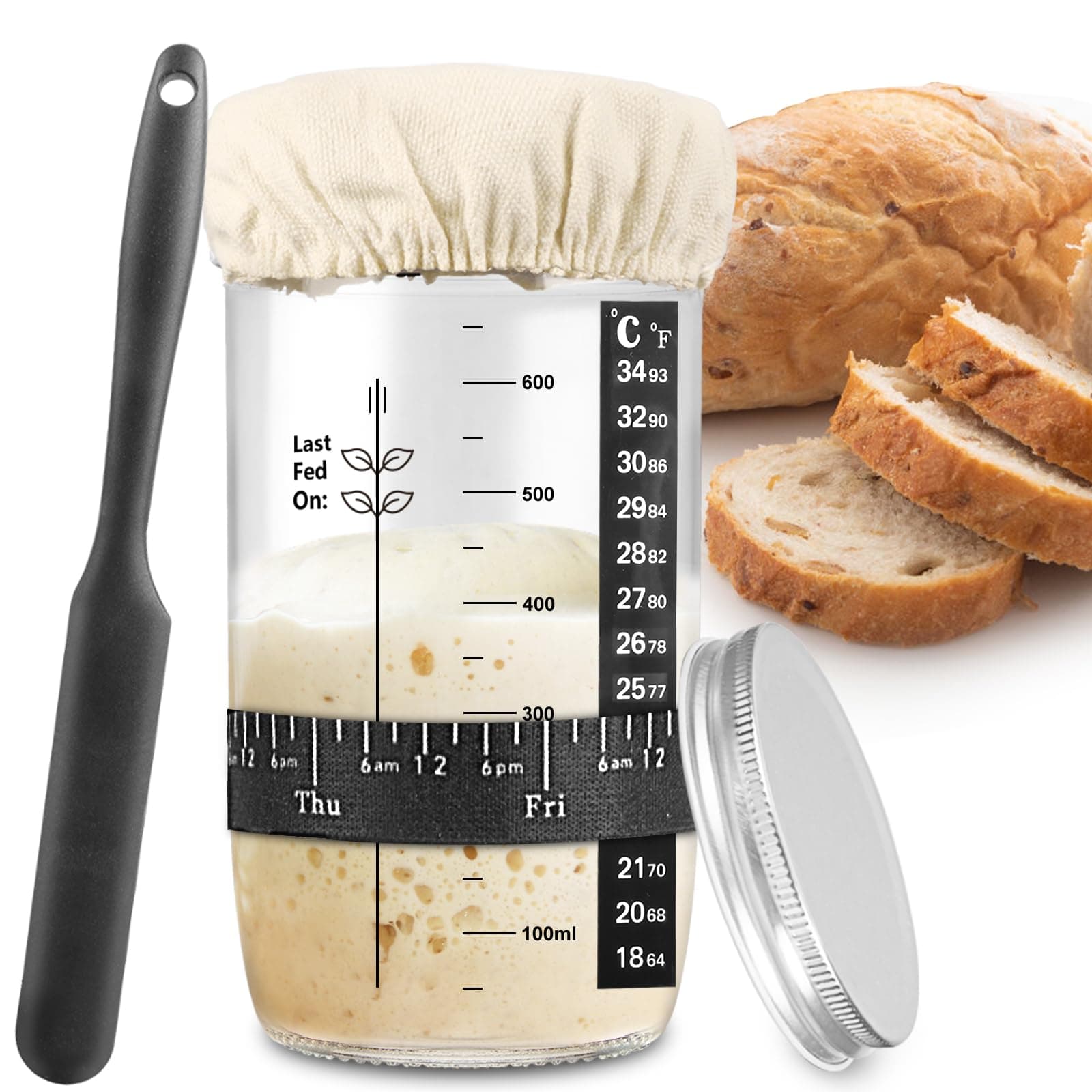 Sourdough Starter Jar, Sourdough Starter Kit with Date Marked Feeding Band, Thermometer, Cloth Cover & Metal Lid, Reusable Sourdough Bread Baking Supplies, Home Baking Supplies