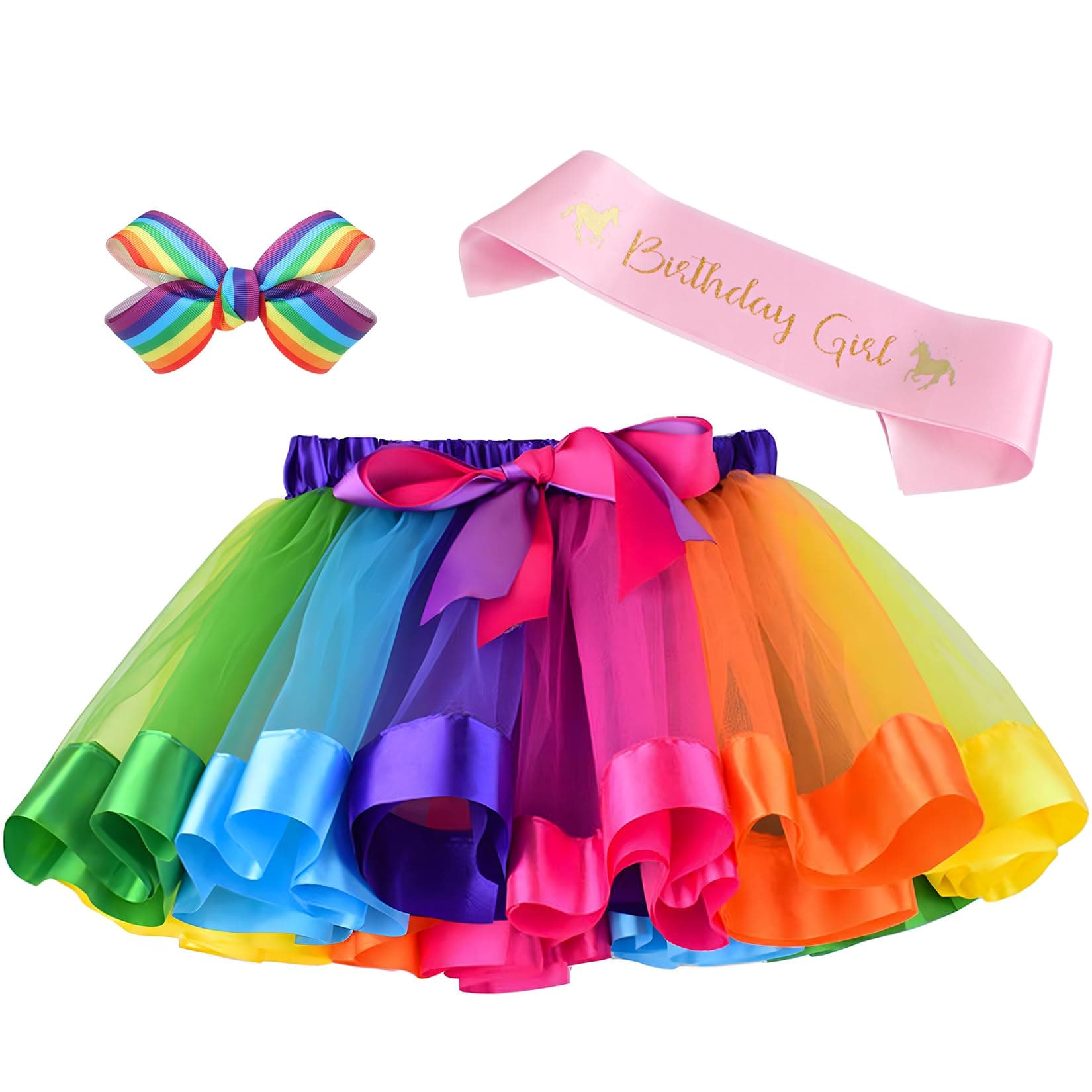 Layered Rainbow Tutu Skirt Costumes Set with Hair Bows Clips and Satin Sash for Girls Birthday Party Dress up