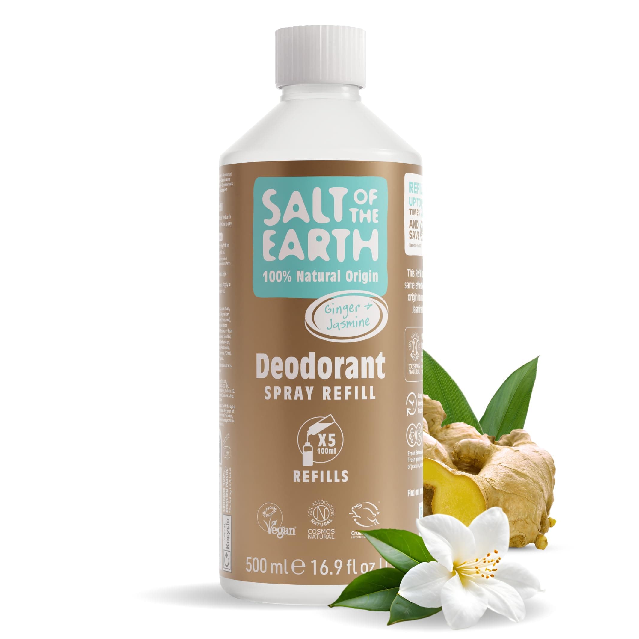 Salt of the Earth - Natural Deodorant Spray Refill - Ginger & Jasmine - 100% Natural Origin Ingredients - Vegan - Suitable for Men, Women & Children - 500ml