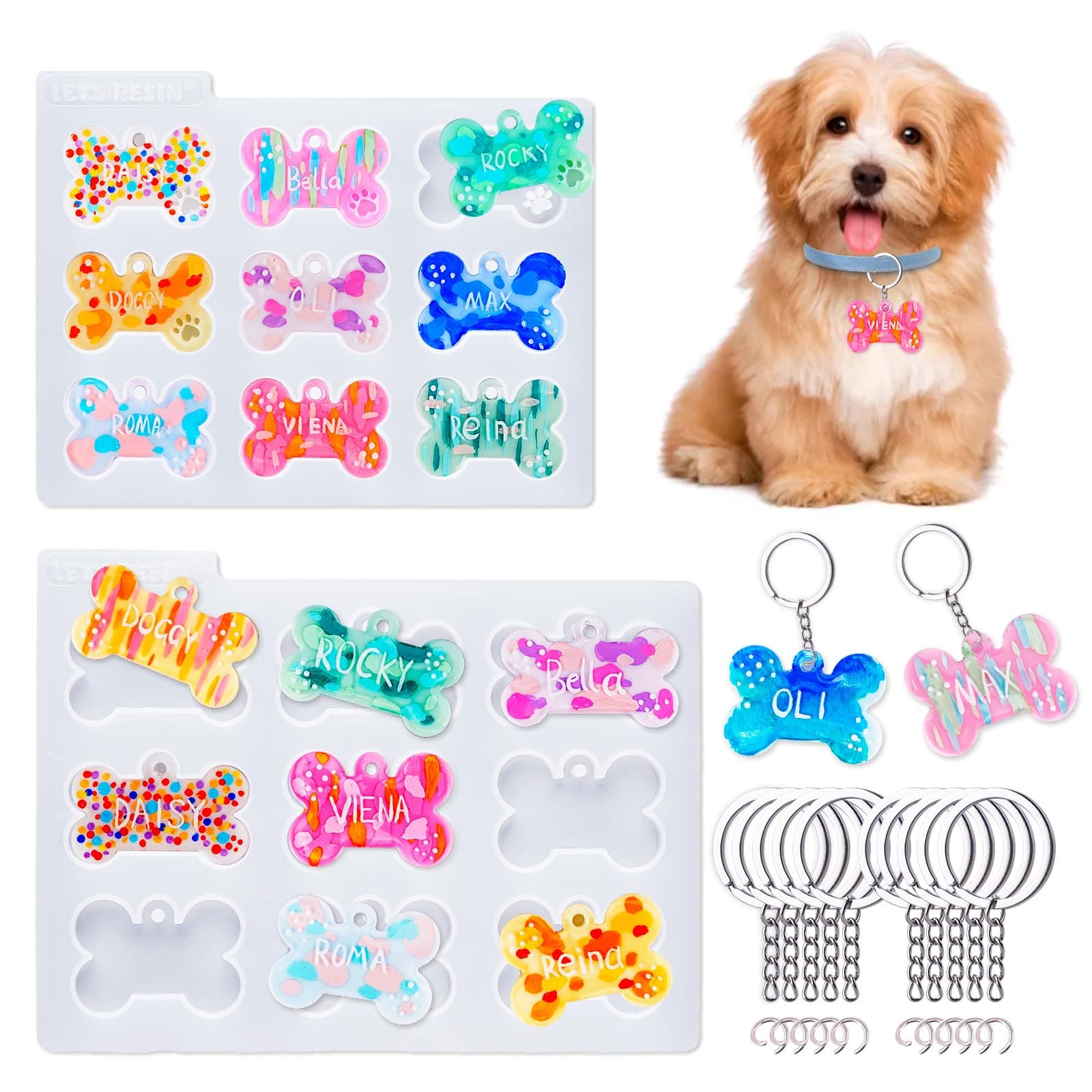 Pet Tag Resin Moulds Silicone, Cat Dog Tag Moulds Epoxy Resin & UV Resin, Bone Shape Resin Keychain Moulds w/ 10Pcs Key Ring & 10pcs Jump Ring, DIY Resin Keychain Pendant Charm (ELR08007)