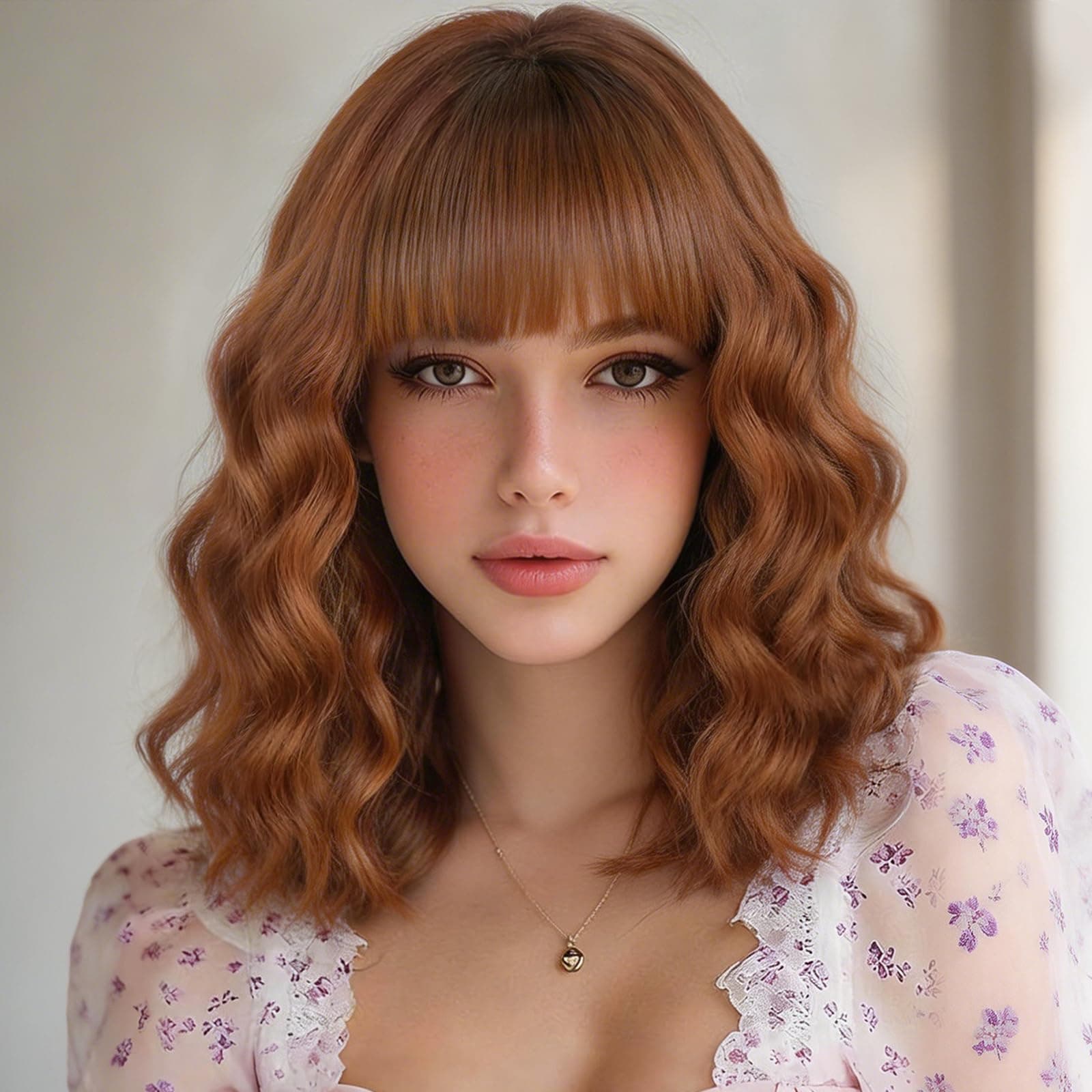 Lativ Auburn Wig with Bangs Short Bob Wigs for Women Shoulder Length Ginger Wavy Curly Wigs Synthetic Fiber Wigs 14 Inches for Daily Party Use
