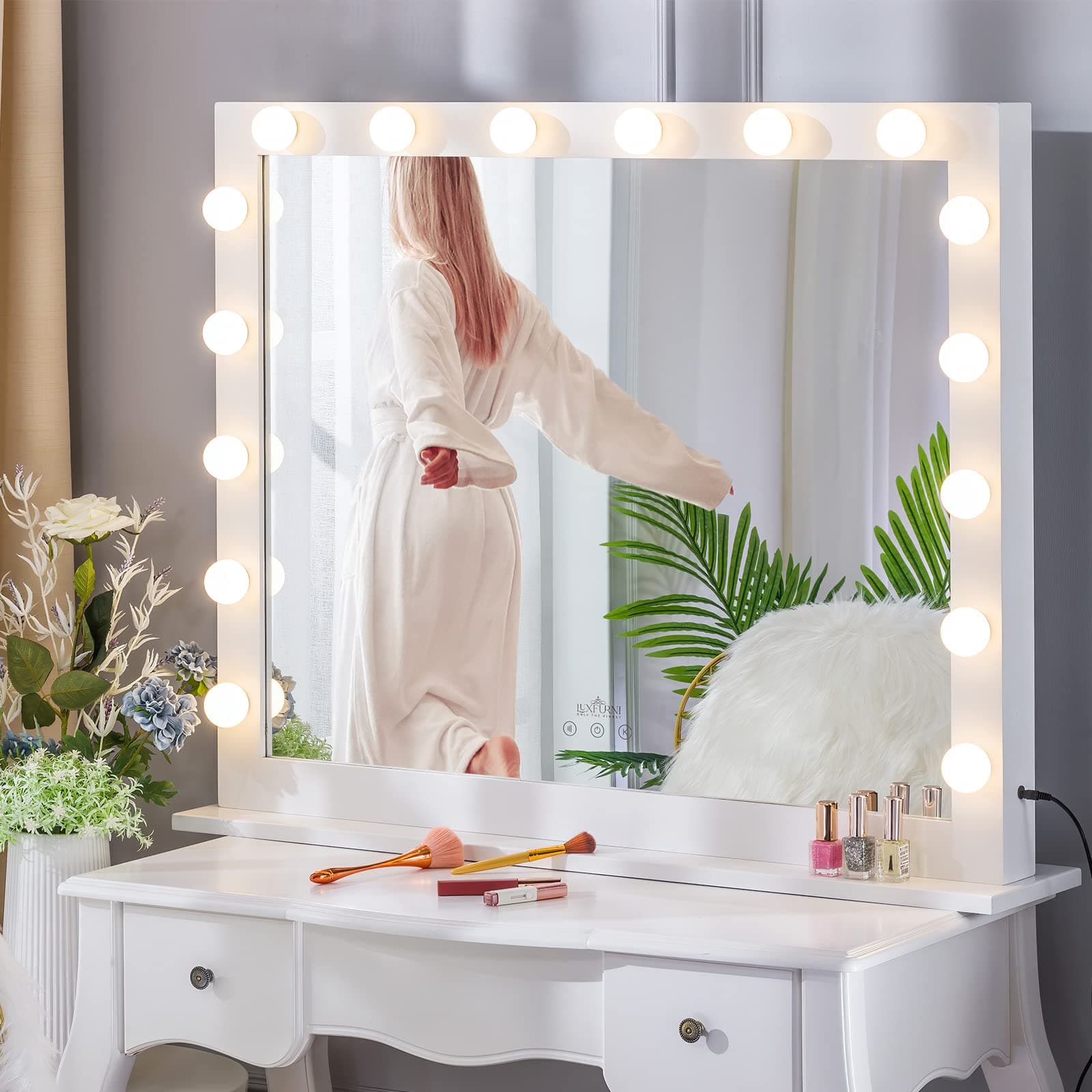 LUXFURNI Vanity Mirror with Makeup Lights, Large Hollywood Light up Mirrors w/ 16 LED Bulbs for Dressing room Tabletop, White