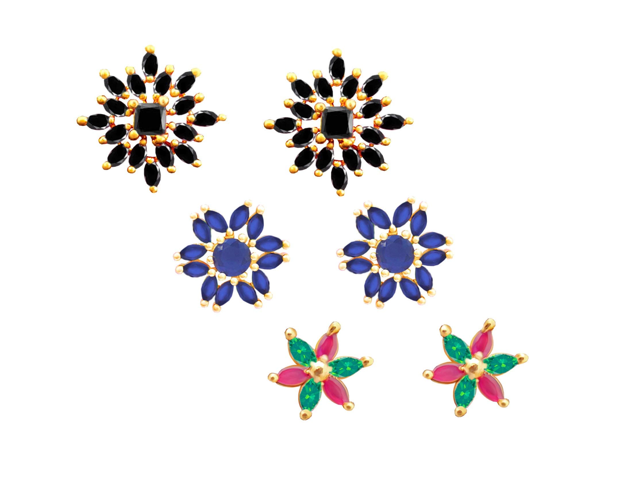 oh wow Red 1 gram gold American diamond stud earrings pack of 3 for women