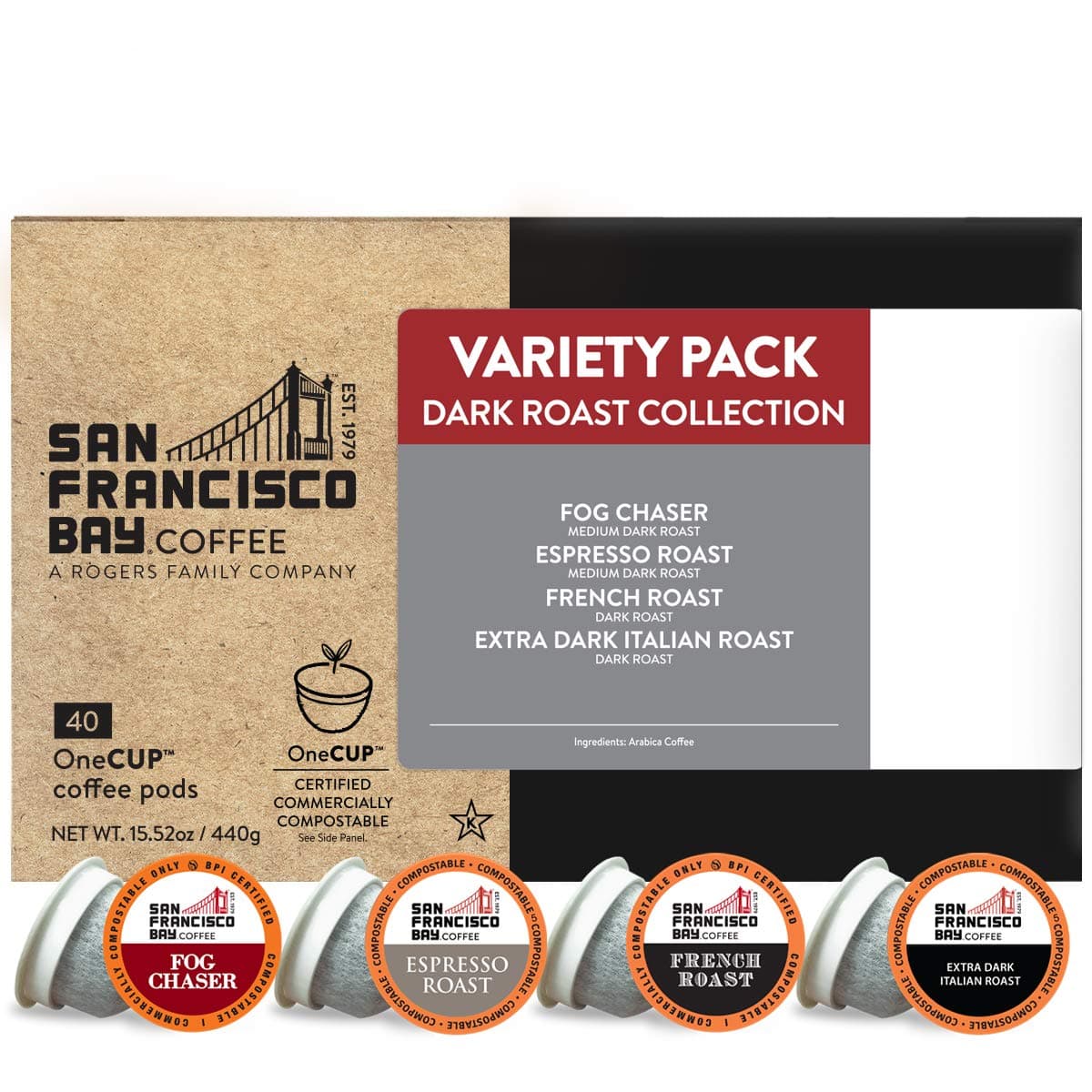 Coffee - Dark Roast Variety Pack (40 ct) - Fog Chaser, Espresso Roast, French Roast, & Extra Dark Italian - Single Serve Coffee Pods, Commercially Compostable, K Cup Compatible