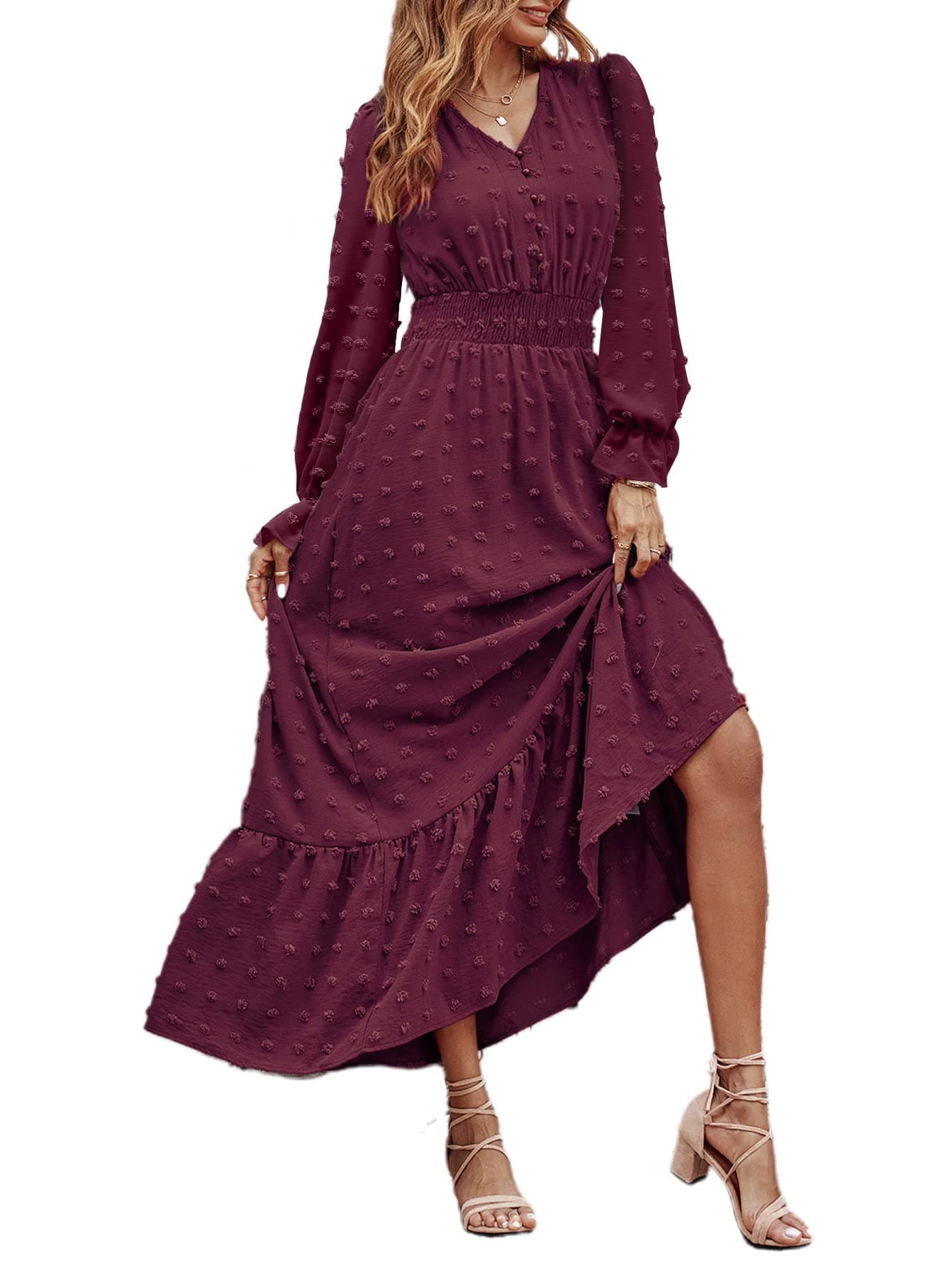 MASCOMODA Women Maxi Dress 2025 Fall Long Sleeve V Neck Swiss Dot Boho Smocked High Waisted A-Line Tiered Flowy Long Dresses