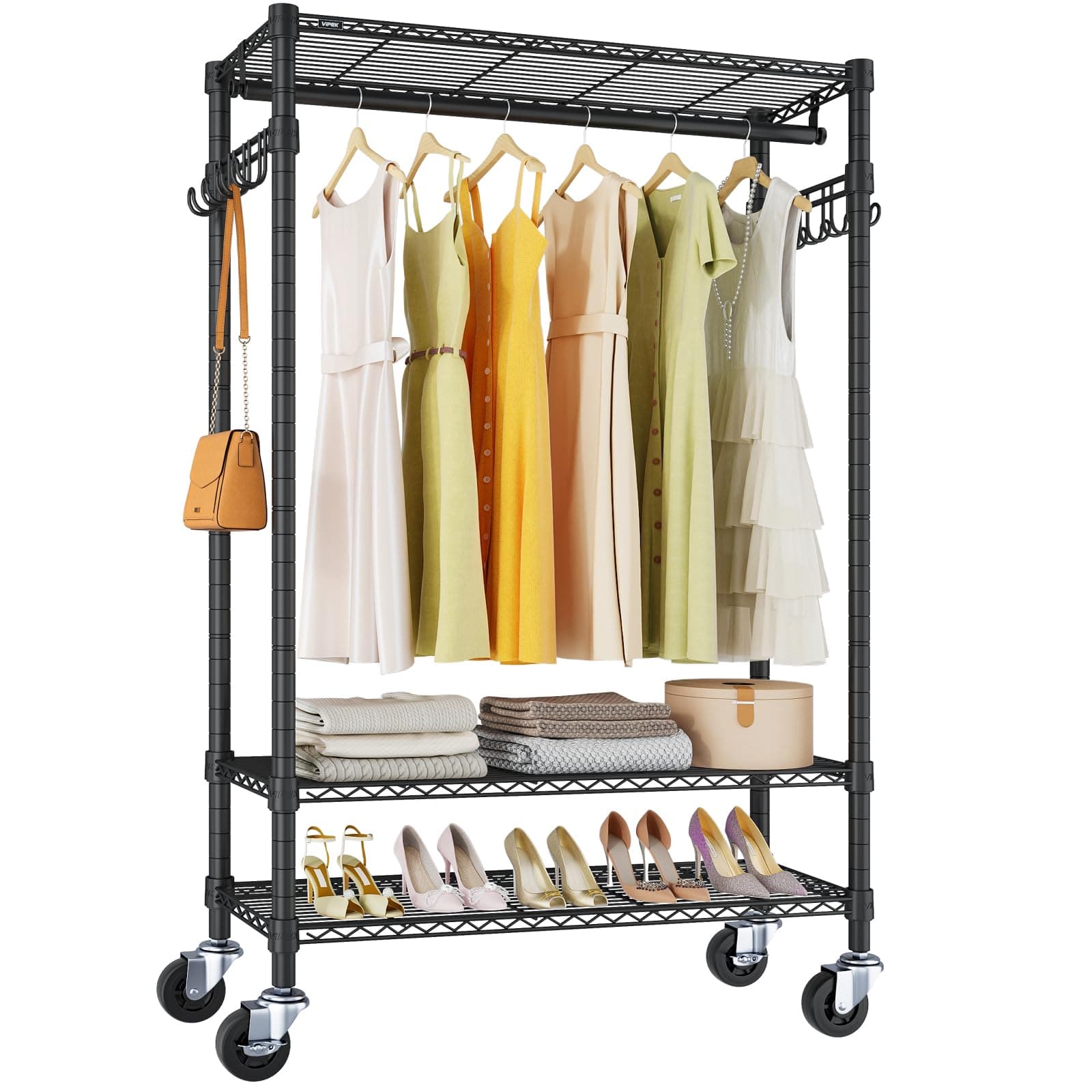 R3 Heavy Duty Garment Rack with Lockable Wheels, Portable Rolling Closet with Adjustable Shelves & Hanging Rod & Side Hooks, Compact Space-Saving Storage for Small Apartments/Dorms (Black)