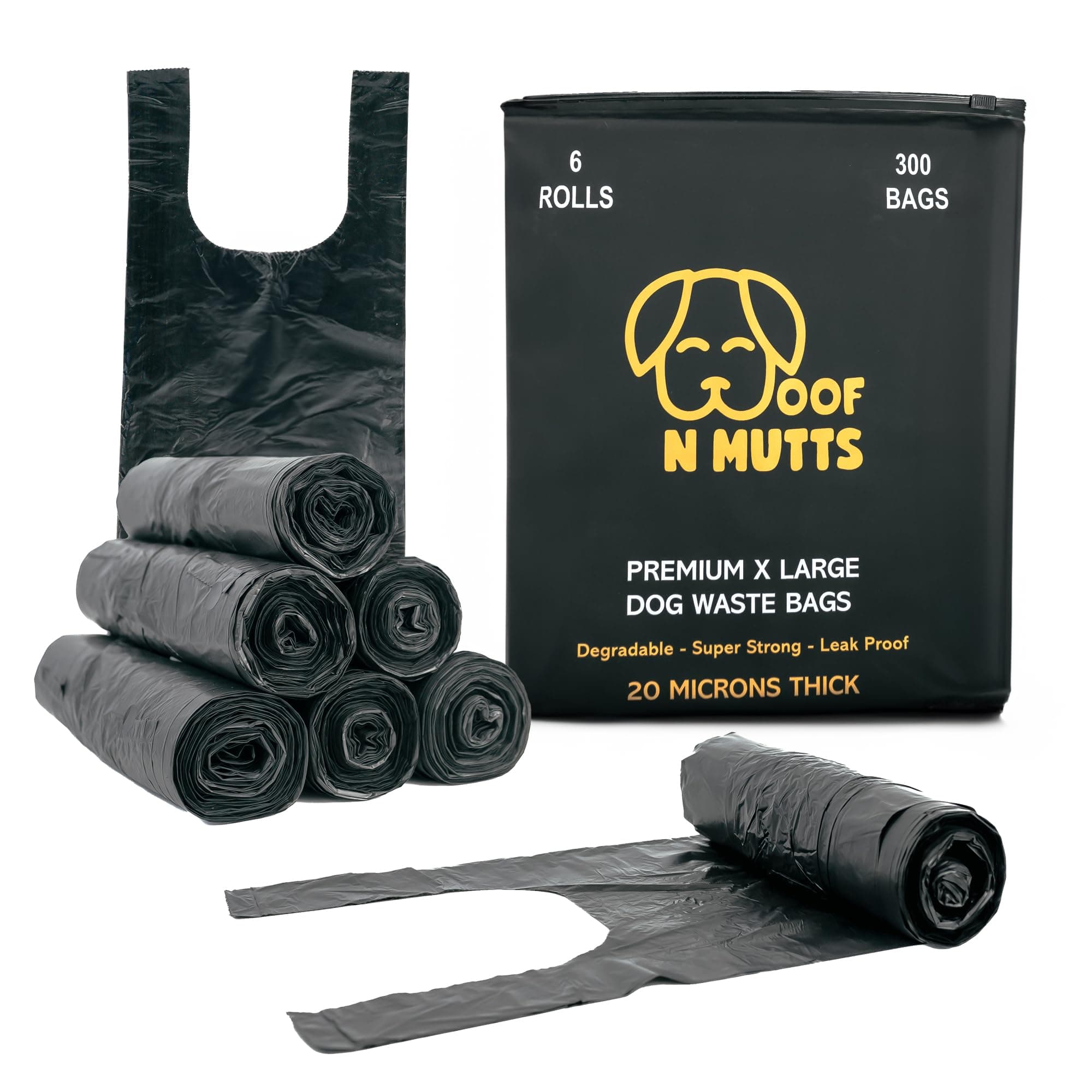WOOF N MUTTS Extra Large Dog Poop Bags 6 Rolls of 50 Unscented - 300 Extra Thick Pet Poo Bags - 20 Microns- Strong Eco Bag 100% Leak Proof- Easy to Scoop, Tie & Tear Pocket Size Waste Refill - Black