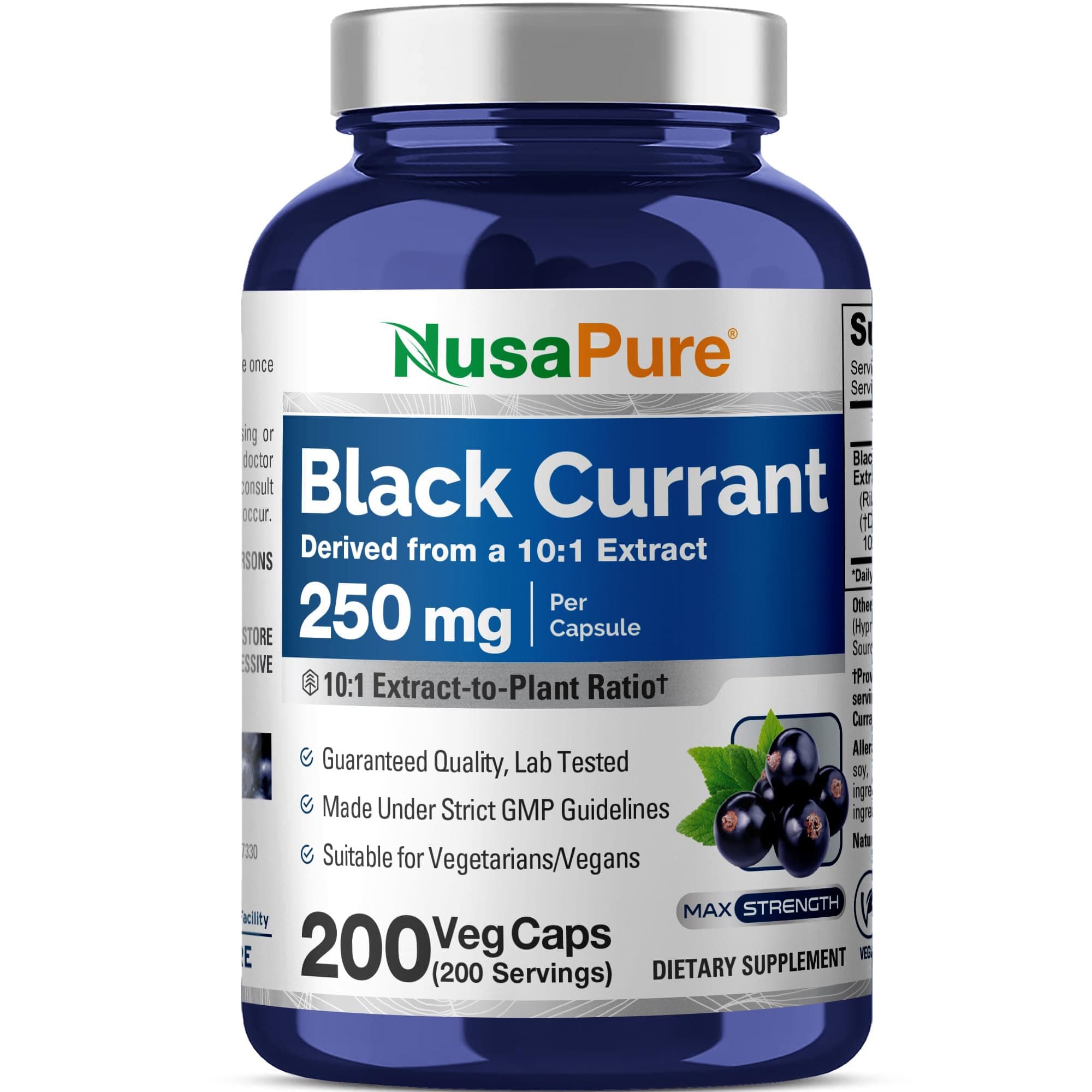 NusaPure Black Currant Capsules, 250 mg, 200 Veg Capsules (Non-GMO, Vegan)