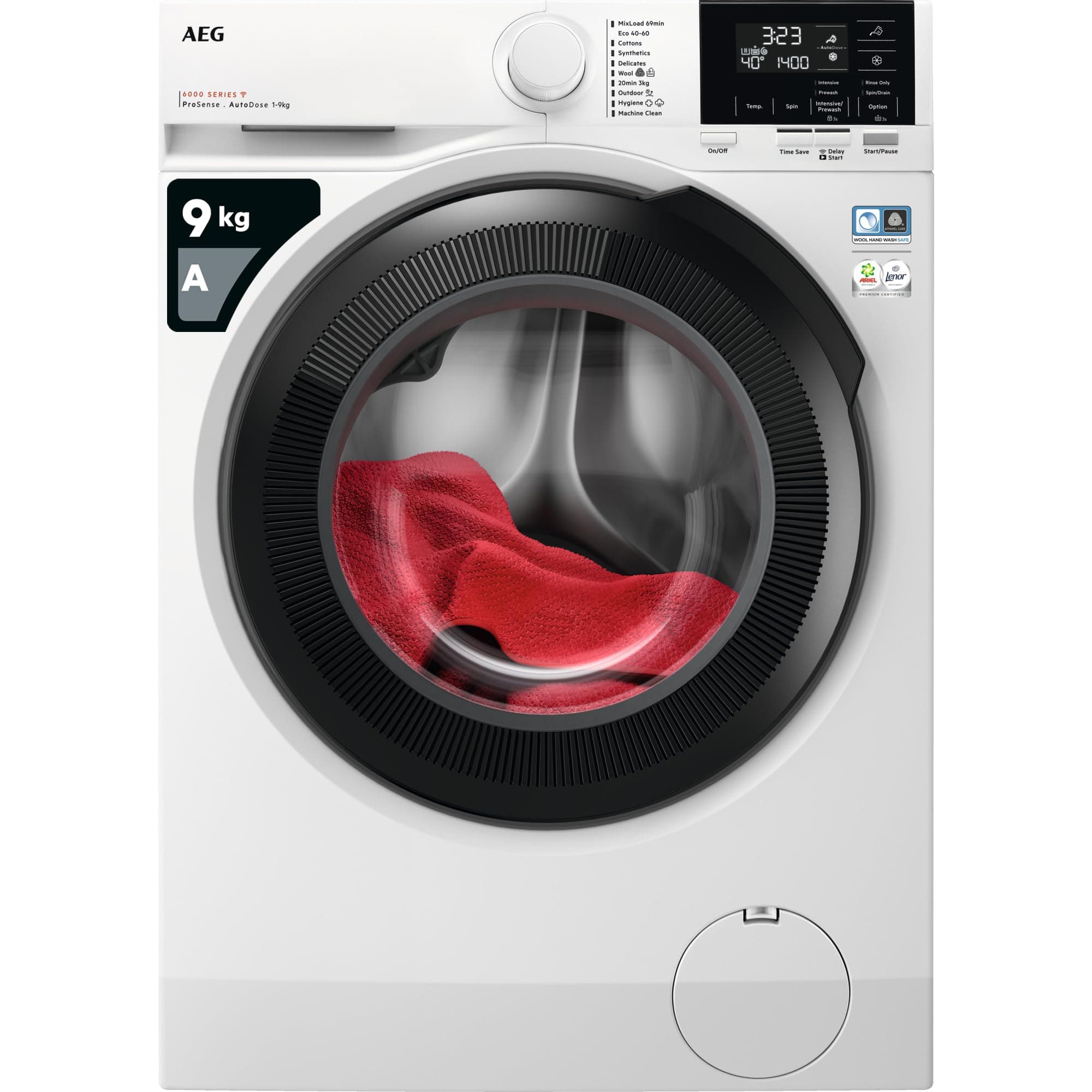 AEG 6000 Series Washing Machine 9kg LFR61944AD, WiFi Connected, AutoDose, ProSense Freestanding Washing Machine, 9kg Load, 1400rpm Spin, Energy Class A, White
