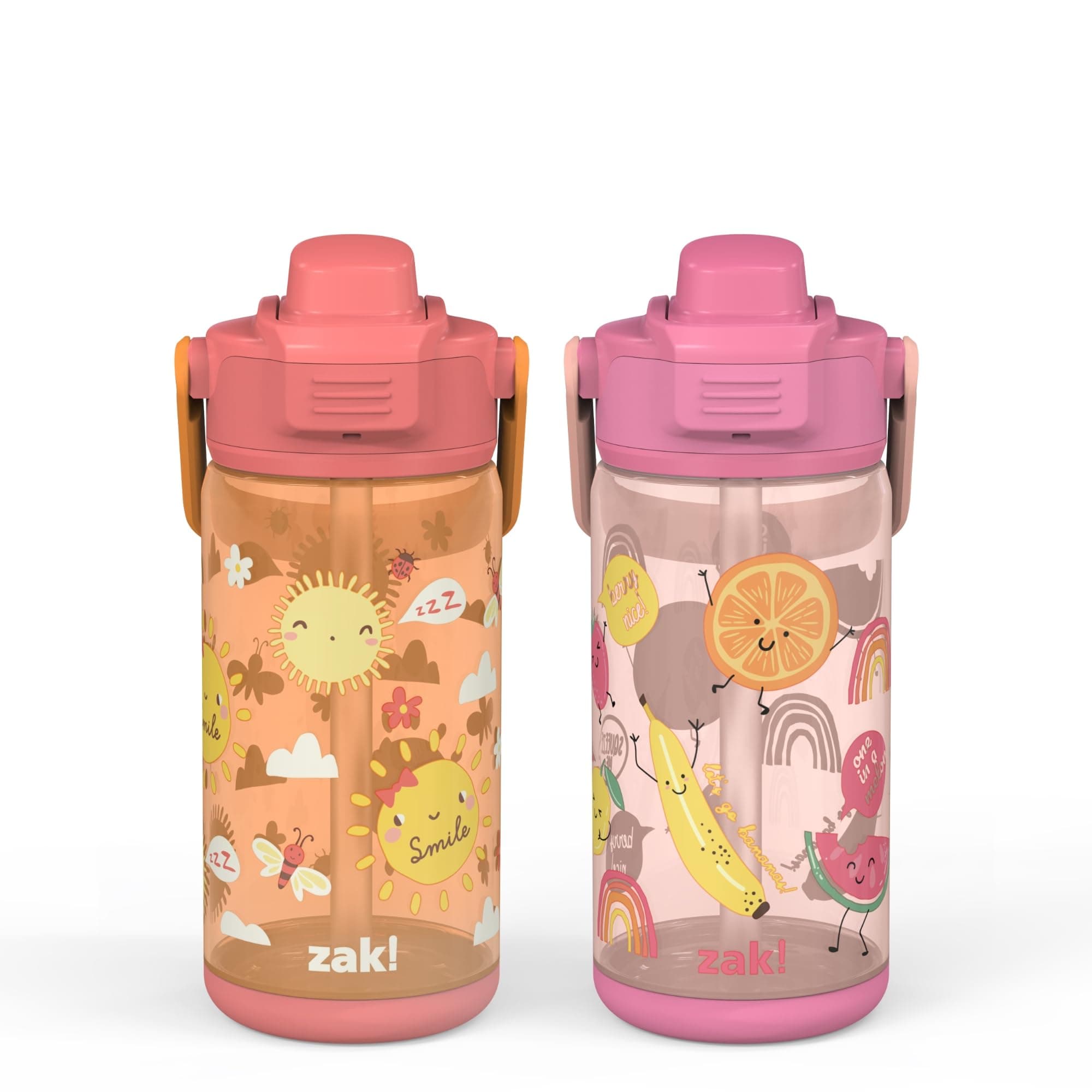 Zak Designs Fruit Kid Water Bottle 2-Pack Set for Travel or At Home, 16oz Plastic is Durable and Leak-Proof with Silicone Spout, Cover, Carry Handle, Protective Base (Happy Skies, Happy Fruit)