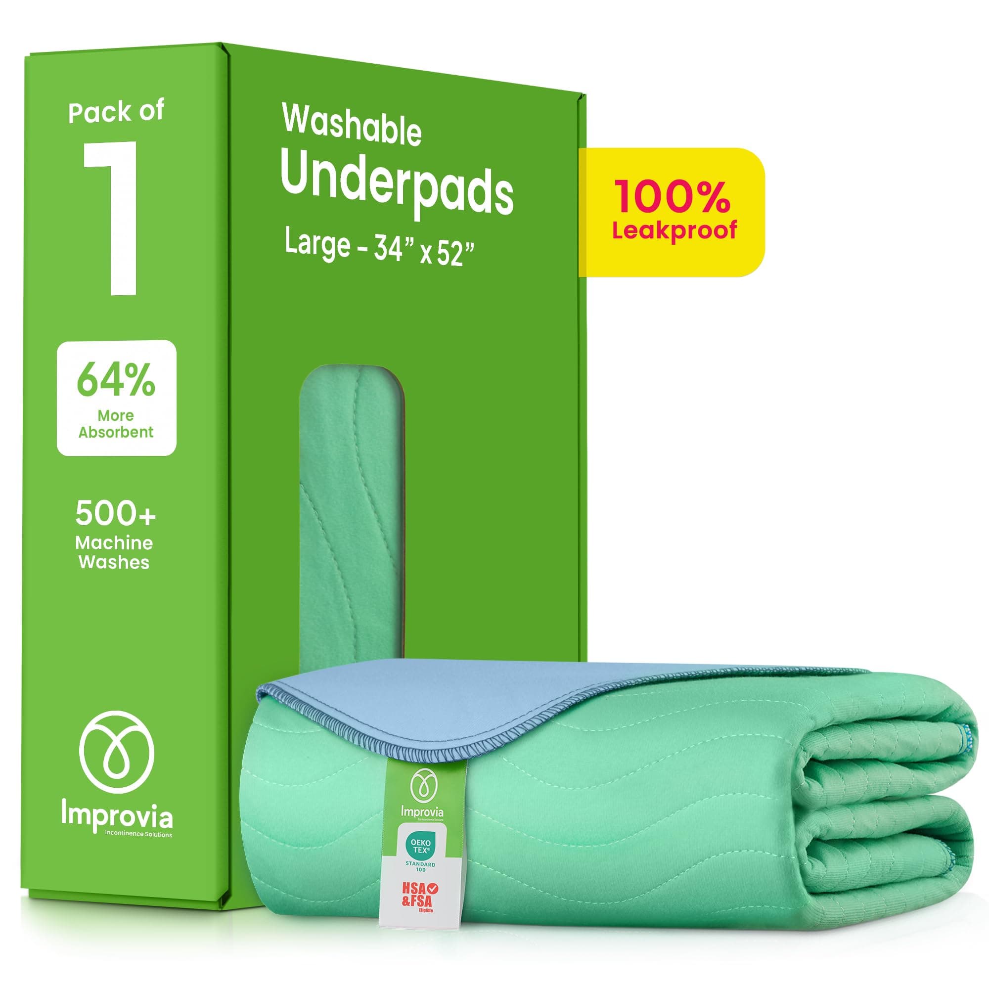 IMPROVIA Washable Underpads, 34" x 52" (Pack of 1) - Heavy Absorbency Reusable Incontinence Pads for Kids, Adults, Elderly, and Pets - Waterproof Protective Pad for Bed, Couch, Sofa, Furniture, Floor
