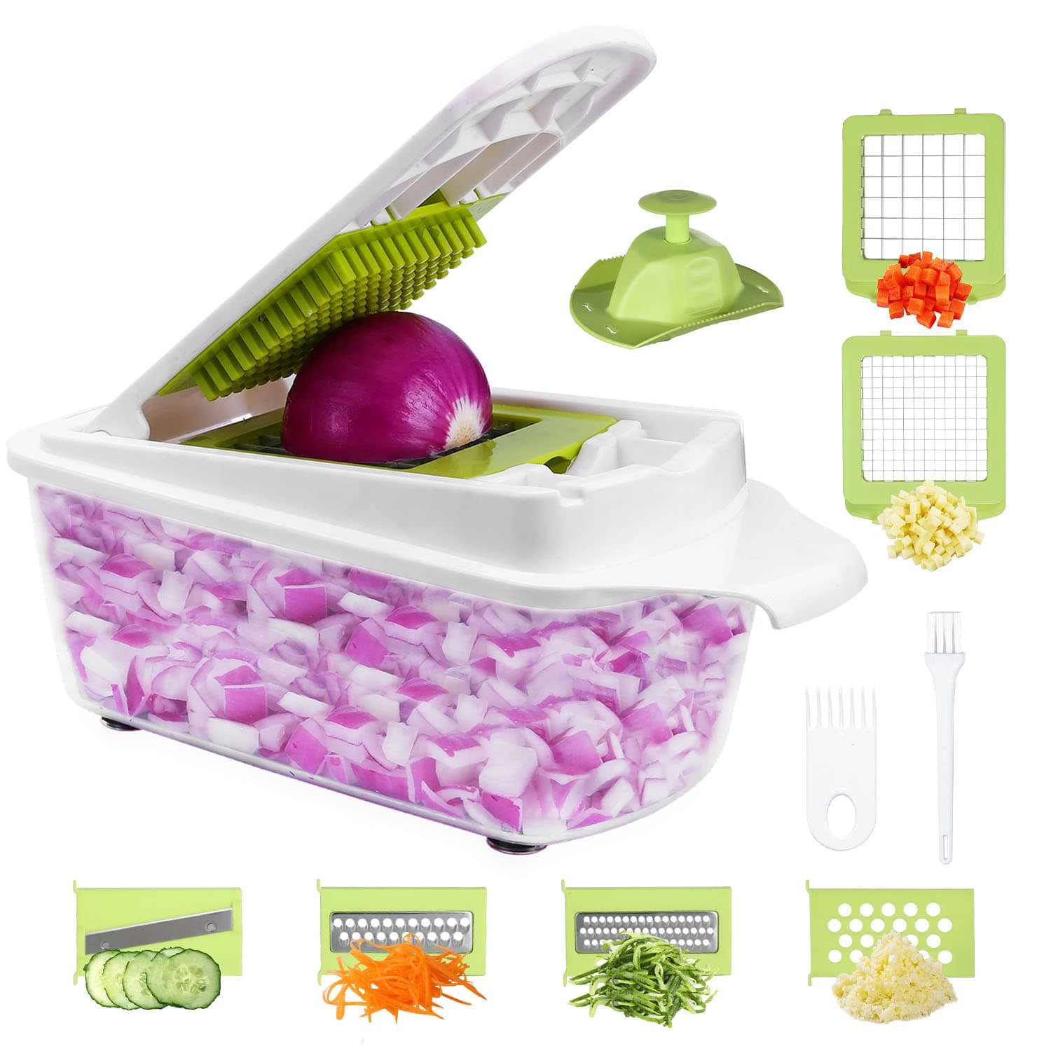 Food Dicer, Vegetable Chopper 6 Blades, Mandoline Slicer for Kitchen, Onion Chopper Dicer, Kitchen Chopper Mandolin Slicer, Fruit and Veggie Chopper with Container Vegetable Cutter Green