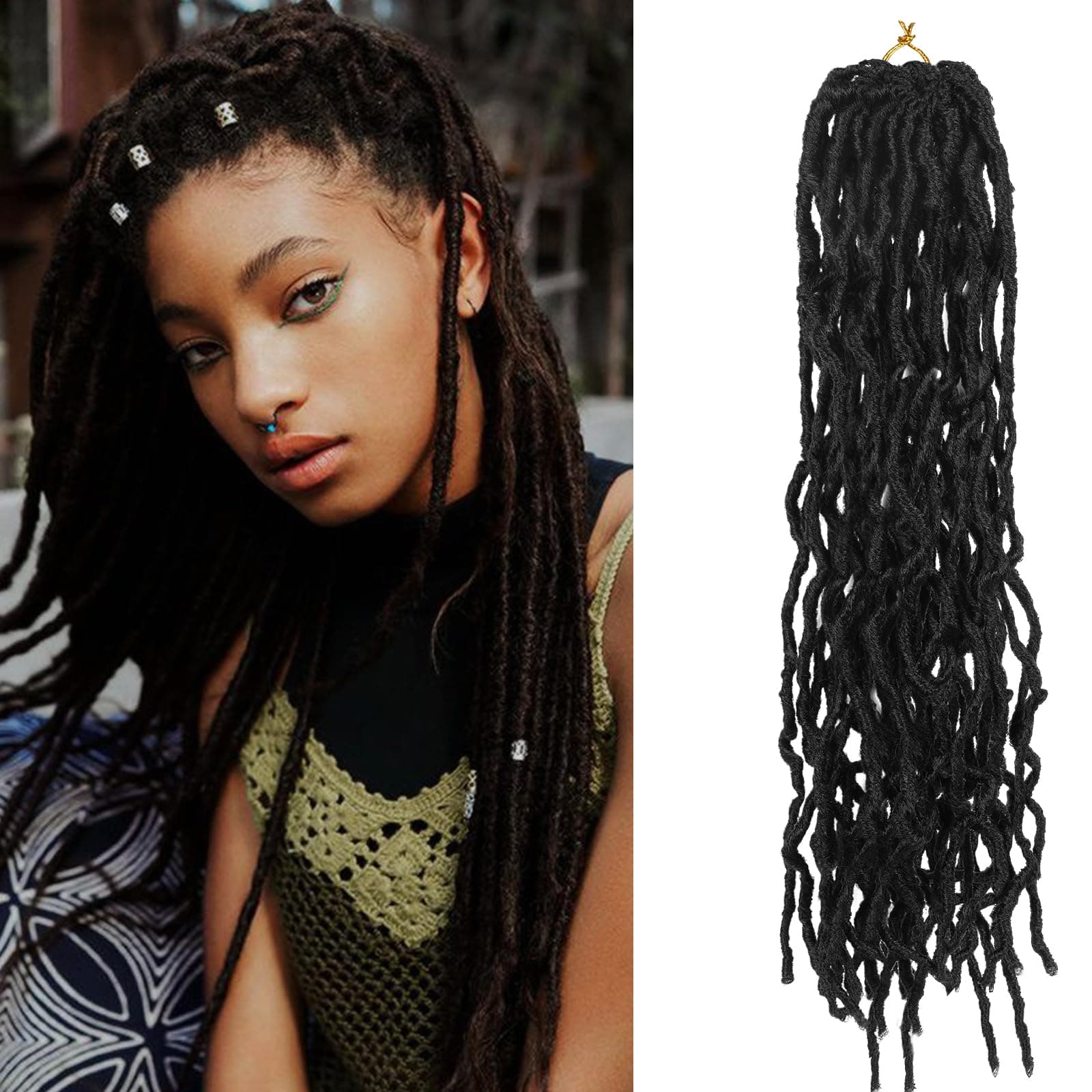Aomig 18 Inch Natural Black Soft Faux Locs Crochet Braids Hair, Synthetic Pre-Looped Soft Dreadlocks, Braiding Hair Fashion Goddess, Locs Curly Wavy Hair Extensions for Women, African Roots Braid