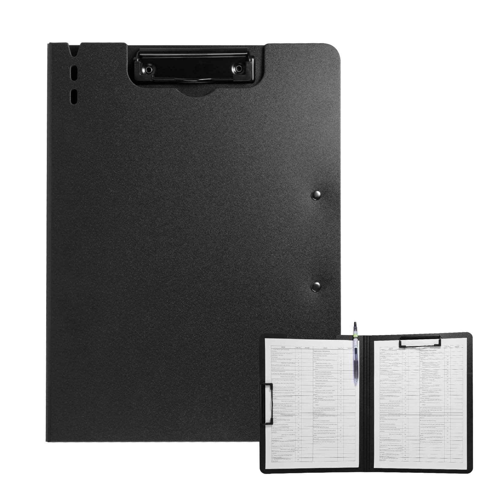 FRETONBA Clipboard Folder, A4 Foldable Clipboard with Horizontal and Vertical Double Metal Clips, 360 Degree Foldable Binder Clipboards with Pen Holder, File Cover Work Folder Clipboards, Black
